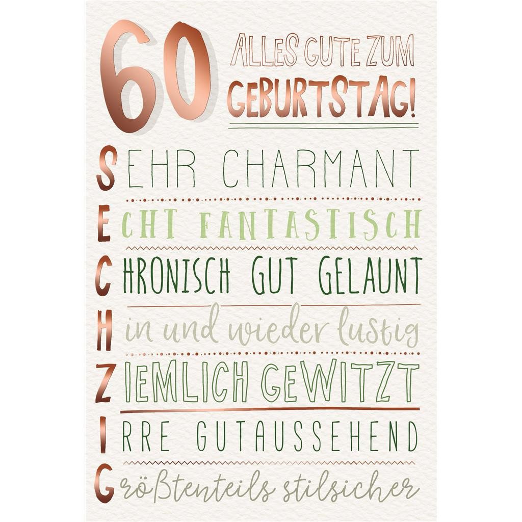 Grußkarten 60. Geburtstag - Karte mit Umschlag - Schriftkarte - mit rosegoldener