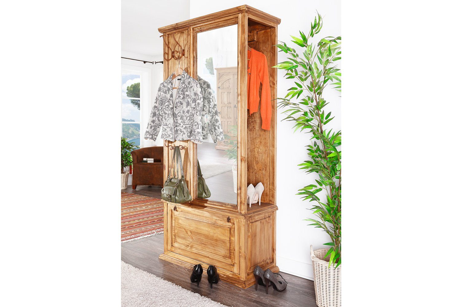 Garderobe 1a Spiegel Massivholz Pinie - - Möbel Direktimport Mexico Landhausstil Kompaktgarderobe