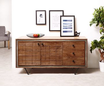 DELIFE Sideboard Stonegrace, Akazie Braun 3D 150 cm 2 Türen 3 Schubladen V-Fuß Schwarz