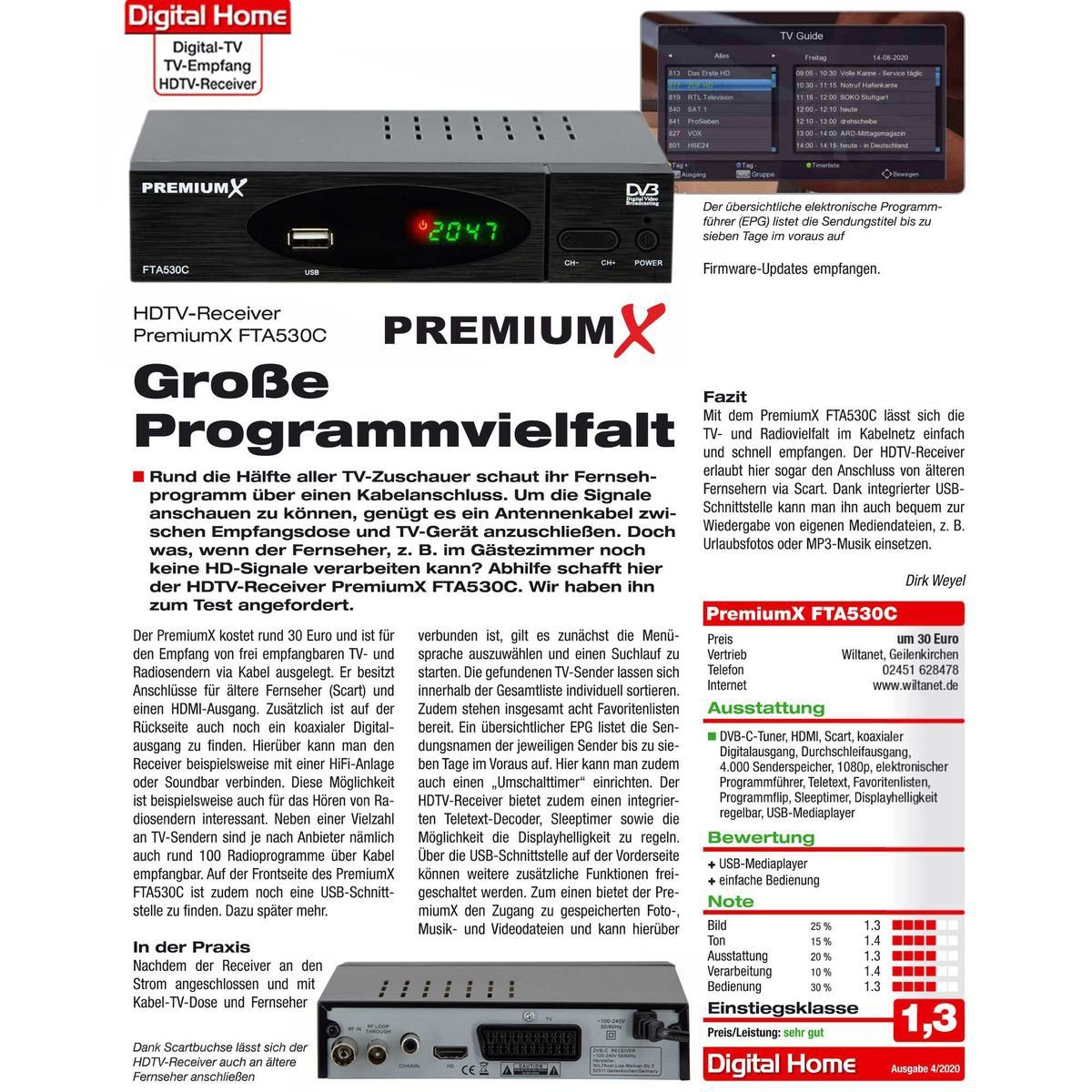 PremiumX FTA 530C Kabel Receiver DVB-C FullHD Digital USB SCART HDMI Kabel-Receiver