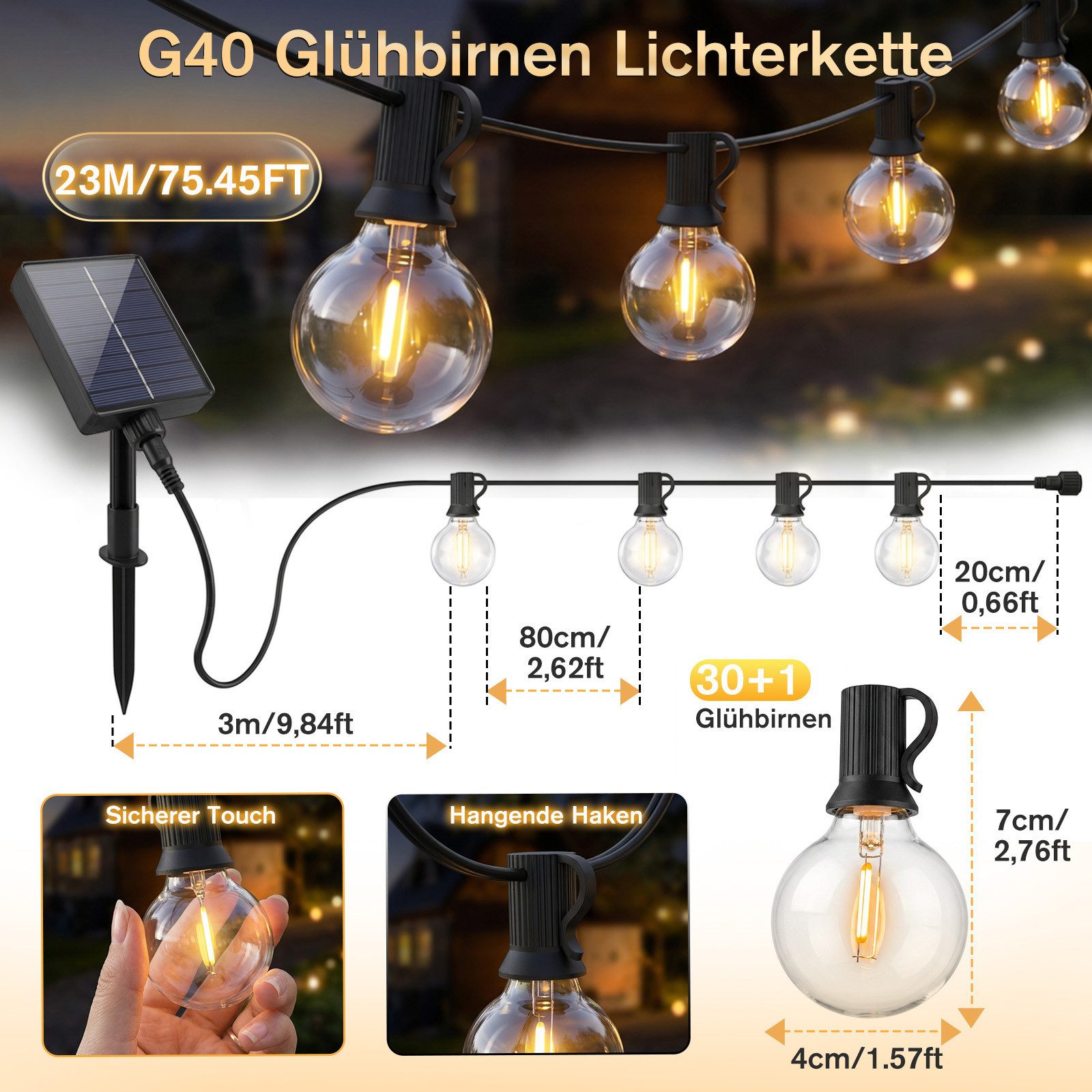 Salcar LED Solarleuchte Lichterkette Outdoor Solar 7-23M Gartenleuchten LED Lichterkette Außen, IP44 8 Modi 15,2m mit 20+1 G40 Glühbirnen Fernbedienung/Dimmbar/ – Bild 5 von 5