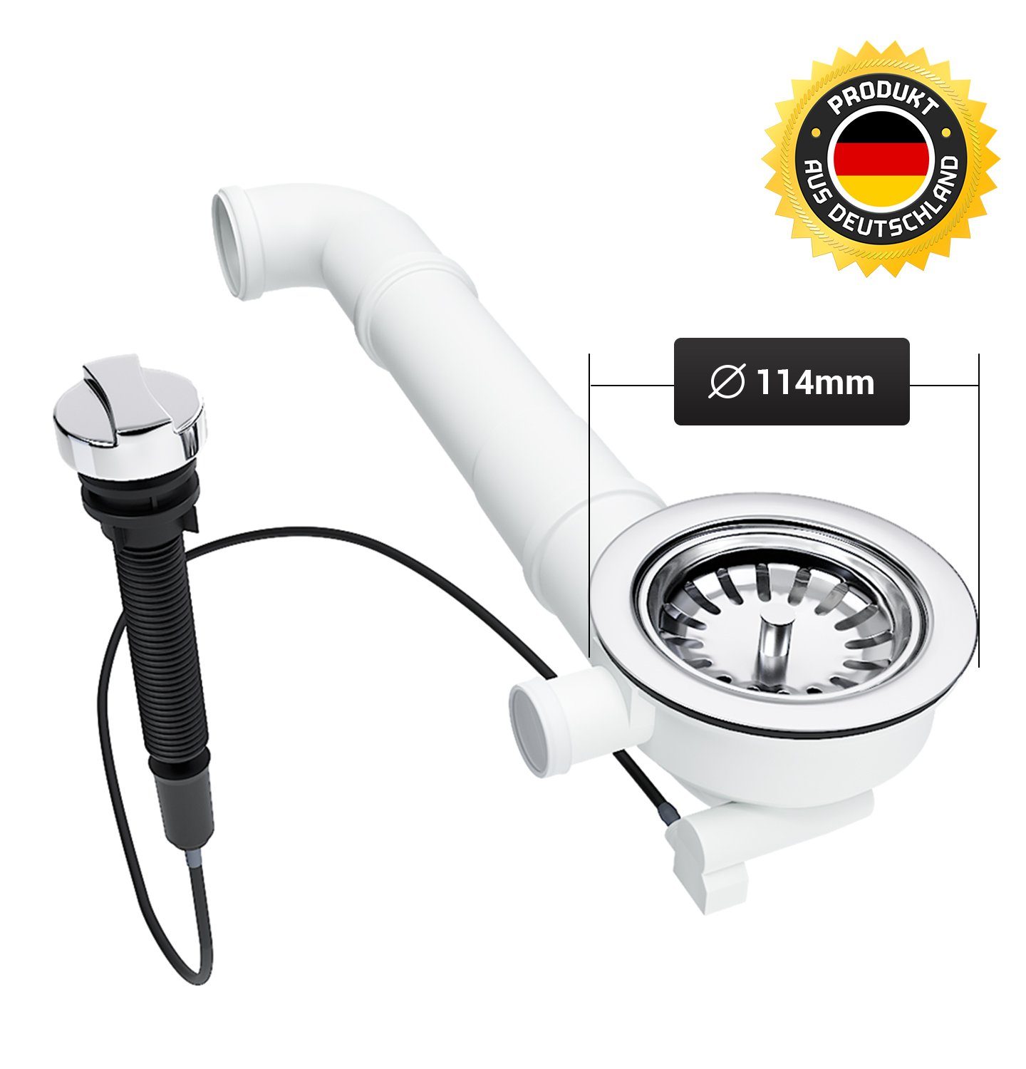 AQUADE Siebventil Siebkorbventil Ø114mm Bowdenzug, Set, 1-tlg., mit 1 Zoll Überlauf, Raumschaffer und Drehbetätigung