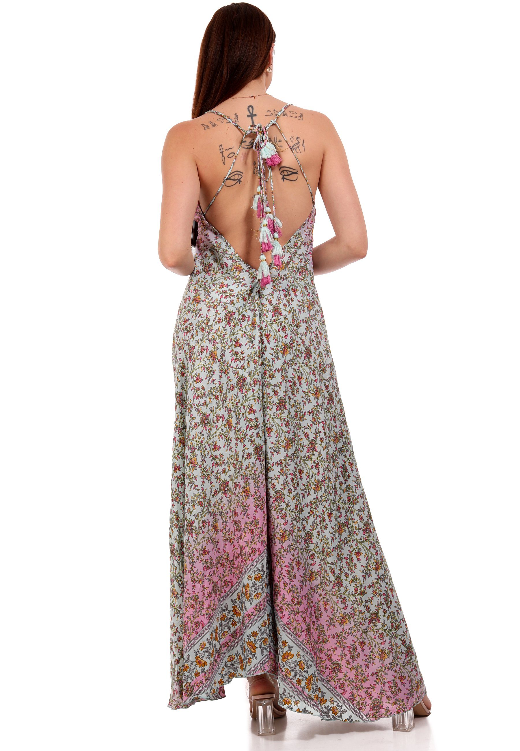 Maxikleid 34-40 Maxikleid rosa (1-tlg) Blumenprint mit & YC Rückenschnürung One mit Style Size Fashion