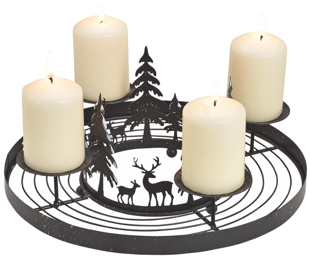 Kerzenhalter Metall Adventskranz mit Deko und Kerzen-Stecker schwarz Ø 30 cm