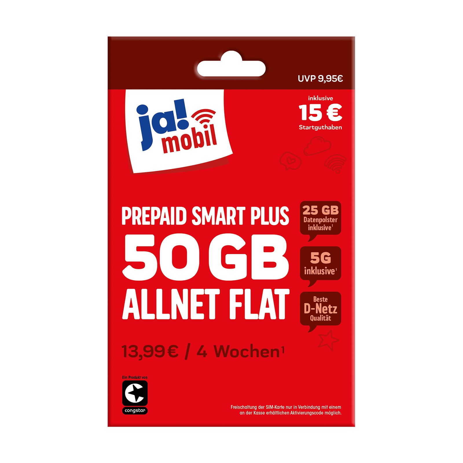 Ja! Mobil Prepaid Smart Plus Simkarte mit 13€ Startguthaben Prepaidkarte, (50 GB + 25 GB Datenpolster mit 5G, EU-Roaming inkl. Schweiz)