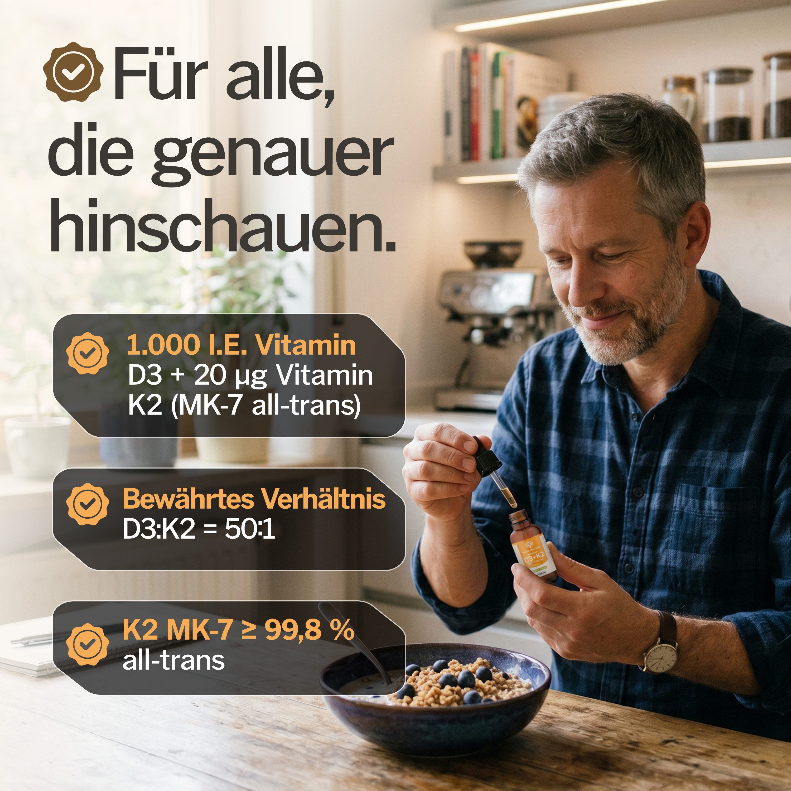 Pure Nature 1000 IE Vitamin D3 K2 Tropfen, Bio-Kokus-MCT C8 Öl >99,8% All Trans Tropfen, 30 ml