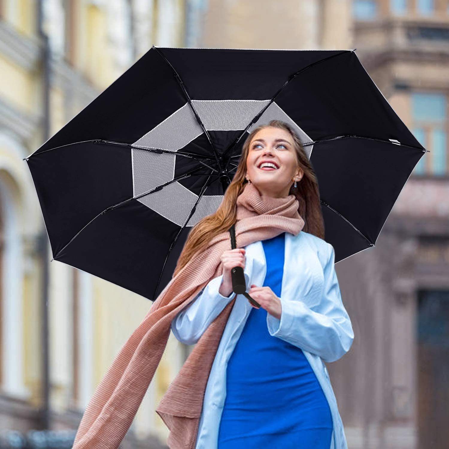 Regenschirm G4Free UPF 50+ mit Auf-Zu-Automatik Silber-Schwarz Taschenregenschirm,