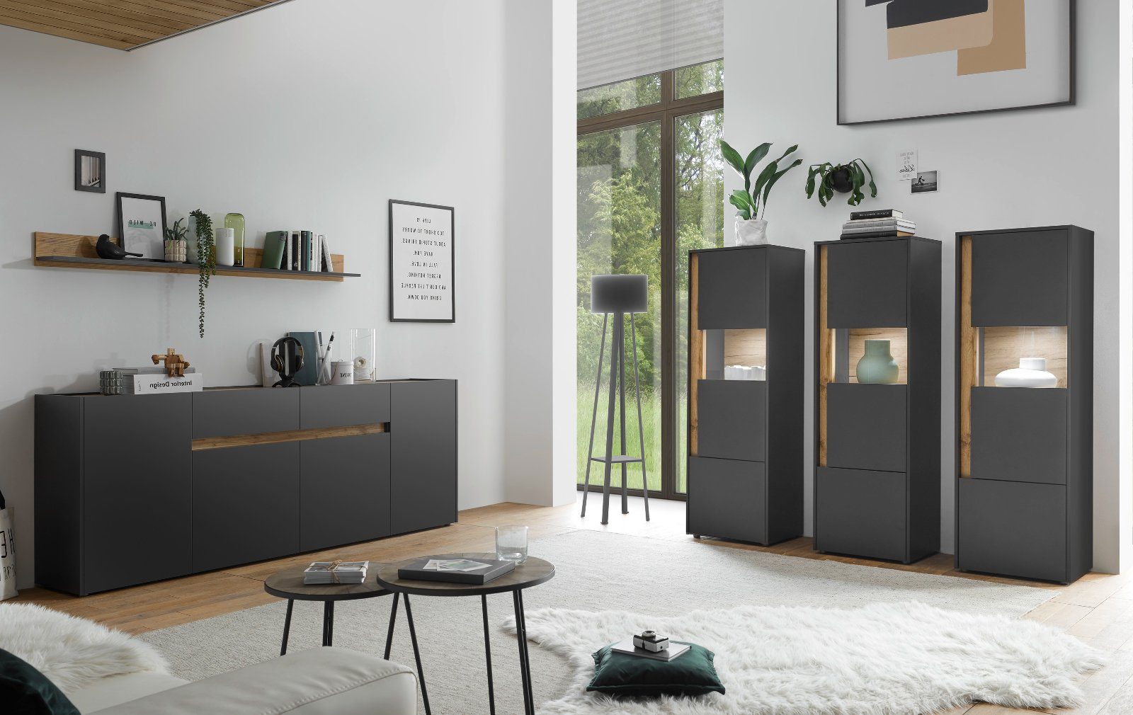 Center, mit (in 4-teilig), grau Furn.Design Wohnwand Wotan Eiche, großem und Set TV-Lowboard