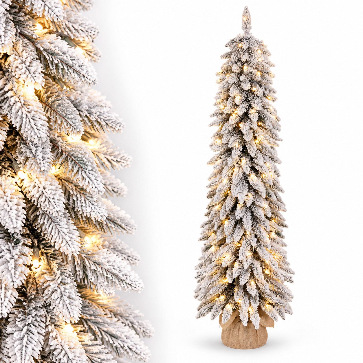 Yorbay Künstlicher Weihnachtsbaum Schlank Christbaum beflockt mit warmweißen LED Beleuchtung, Fichte, Pencil tree für Weihnachten-Dekor, 120cm, 225 Zweige,100 warmweiß LED