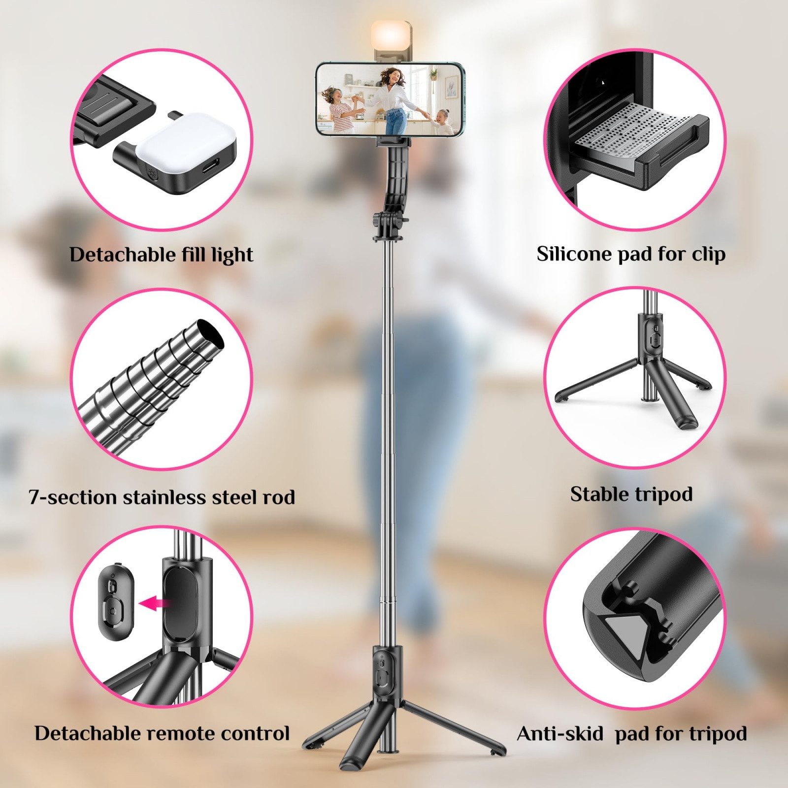 Bundviel Selfie-Stick Teleskopstativ Telefonhalter – Schwarz Selfie-Stick Klemmstativ – Bild 3 von 5