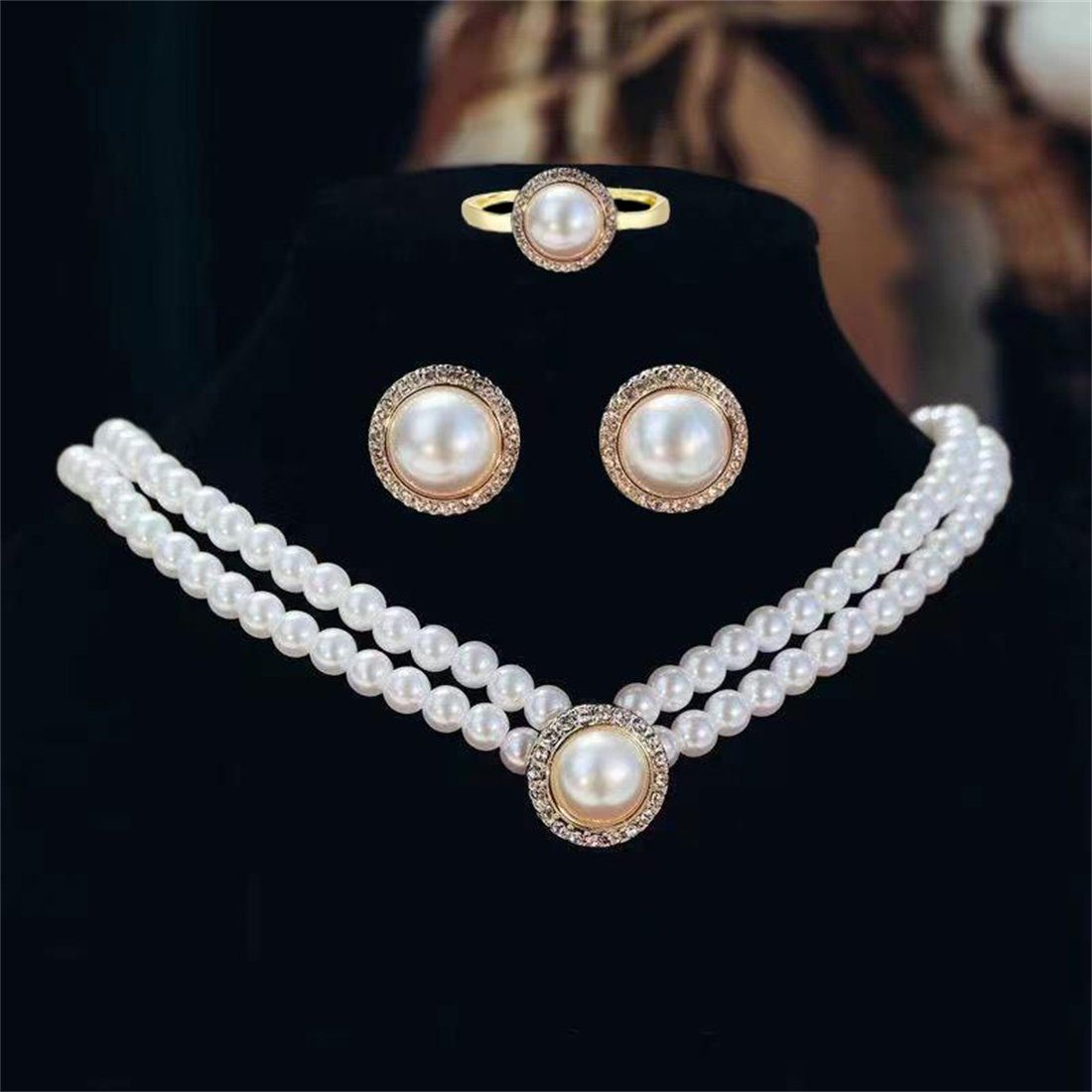 DÖRÖY Schmuckset Brautschmuck-Set, 3-teiliges Perlenring-Ohrringe-Halsketten-Set