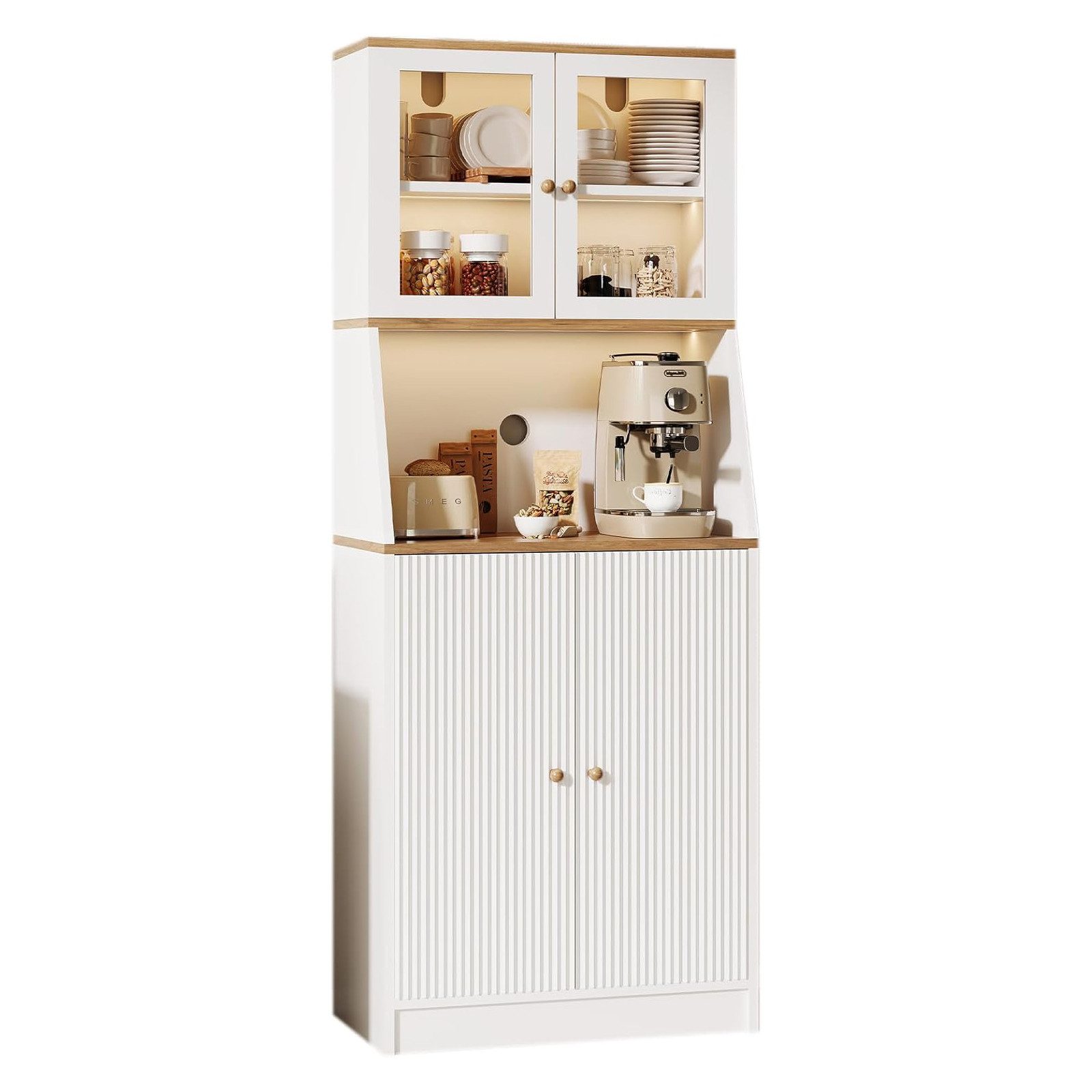FUROKOY Küchenbuffet Hochschrank mit 4 Türen, Mehrzweckschrank (Packung, 1-St., Küchenschrank mit Verstellbaren Regalen) für Esszimmer, Küche, Wohnzimmer, 180 x 70 x 40 cm, Weiß