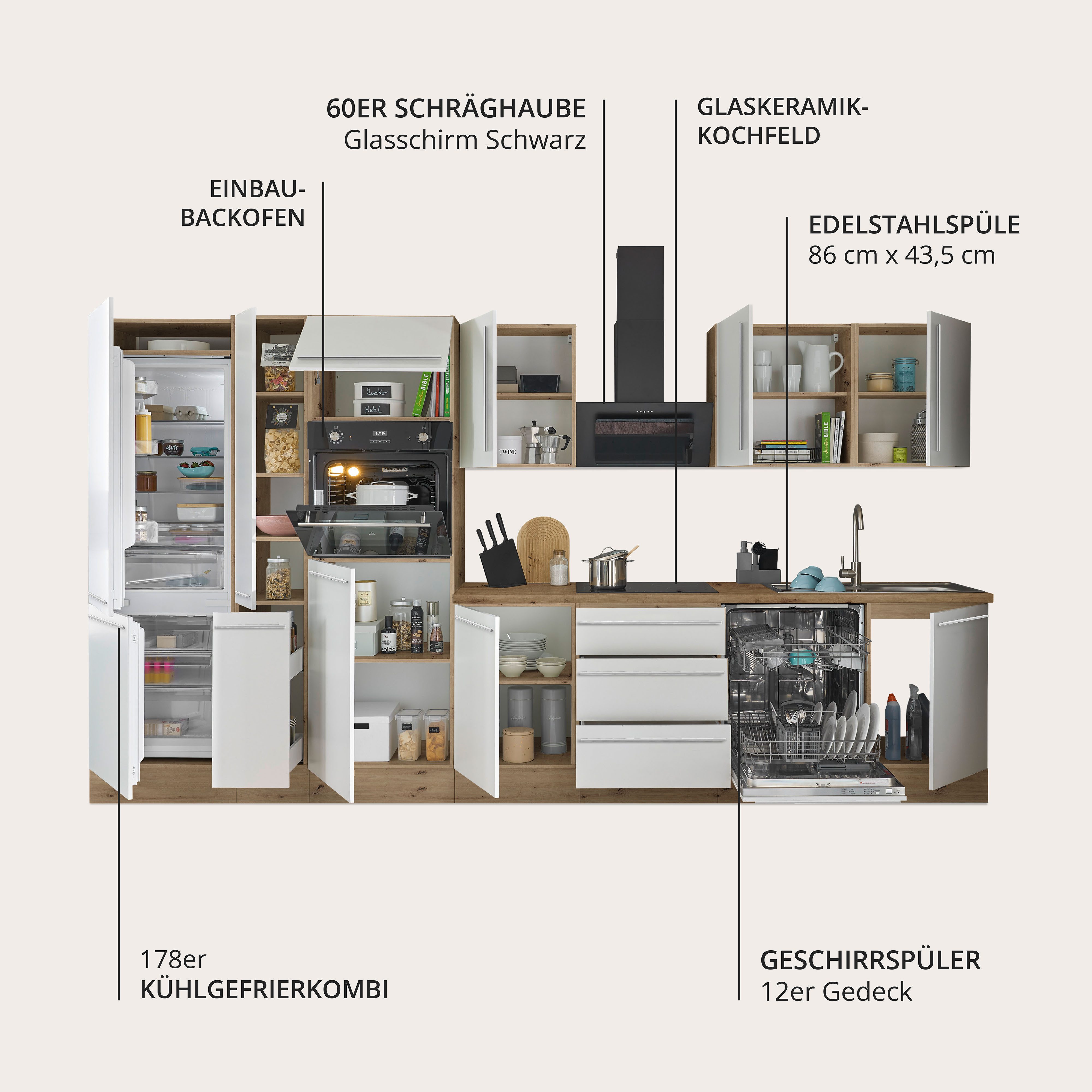 KOCHSTATION Küchenzeile Florida, Breite 370 cm, wahlweise mit E-Geräten,Softclose für Türen/Schubkästen