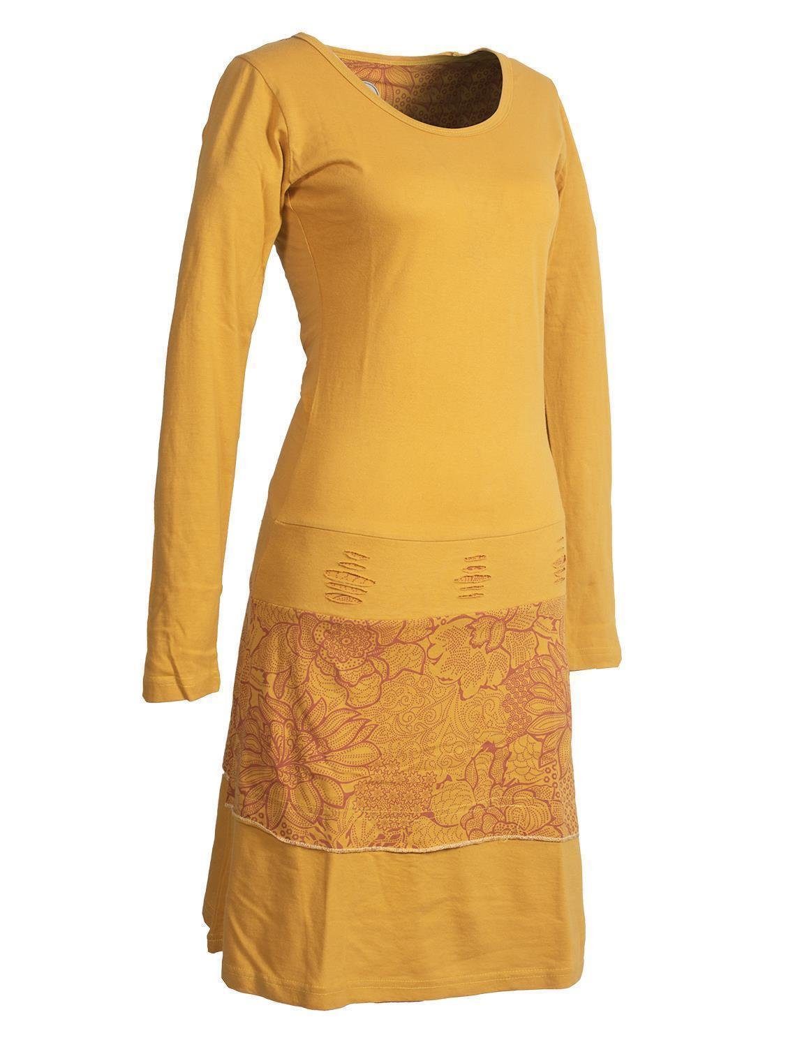 Vishes Jerseykleid Lagenlook Langarm Kleid mit Blumen-Spitze bedruckt Elfen, Hippie, Boho, Goa Style