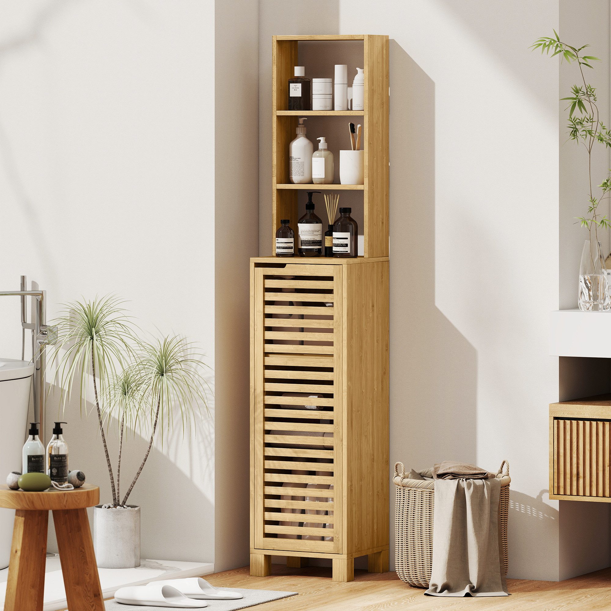 HOMCOM Badkommode Badezimmerschrank, Hochschrank mit 3 offenen Regalen, Lamellentür (Badezimmerschrank aus Bambus, 1 St., Badschrank), für Badezimmer, Wohnzimmer 34 x 30 x 170 cm, Natur