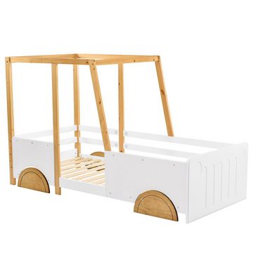 WISHDOR Kinderbett Jugendbett Hausbett Massivholzbett (weiß + natur (90x200cm) ohne Matratze), mit MDF-Rädern, Rahmen aus Kiefer