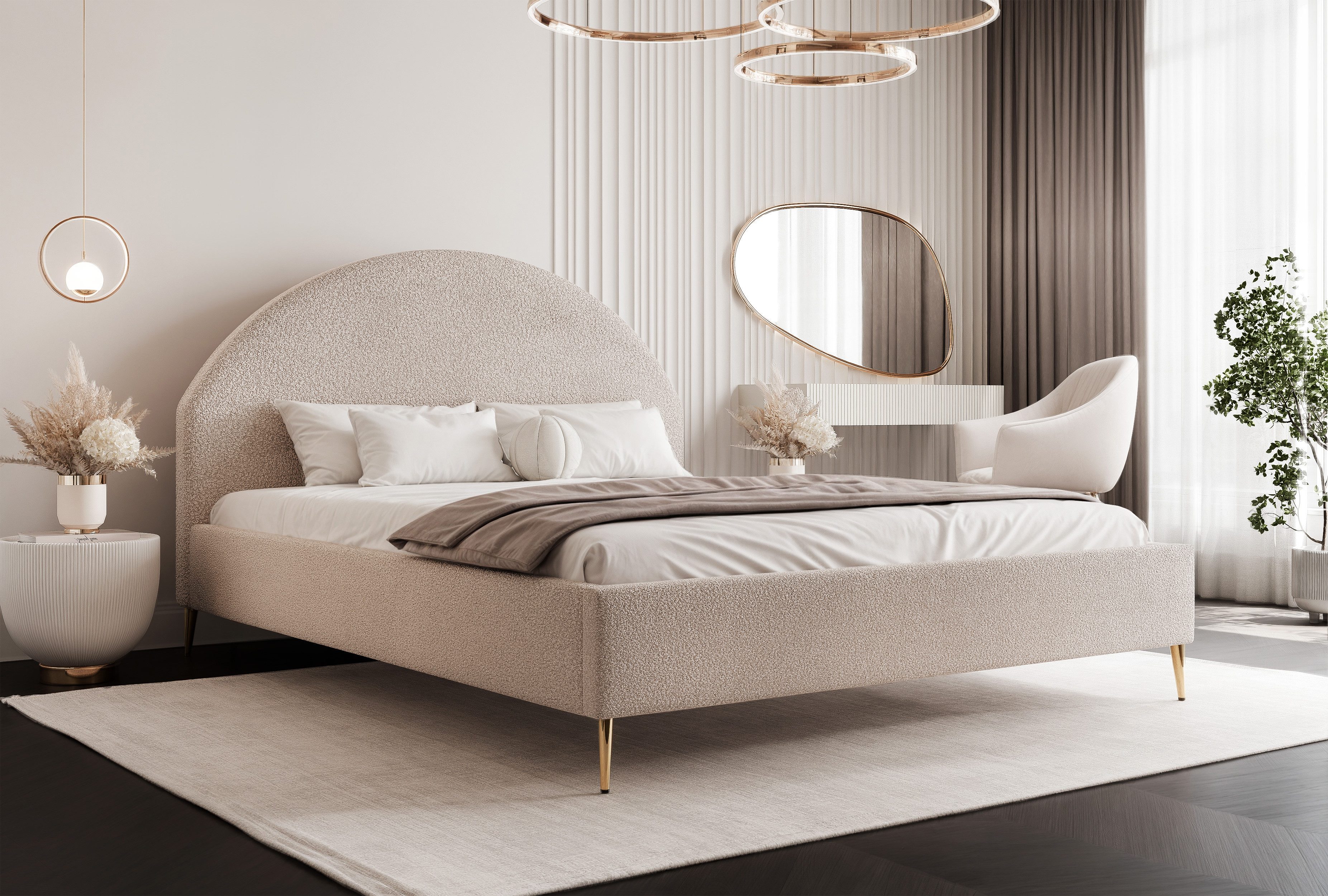 Goldstoff Polsterbett Elegantes Bett mit hohem Kopfteil und stilvollem Stauraum (120–200x200 cm, Kopfteilhöhe: 90/110 cm, Seitenhöhe: 25/40 cm), "CELESTE" – Modernes Komfortbett mit praktischem Stauraum