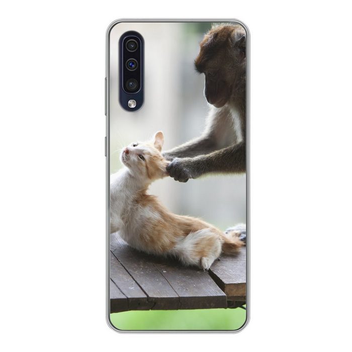 MuchoWow Handyhülle Katze - Affe - Holz Handyhülle Samsung Galaxy A30s Smartphone-Bumper Print Handy