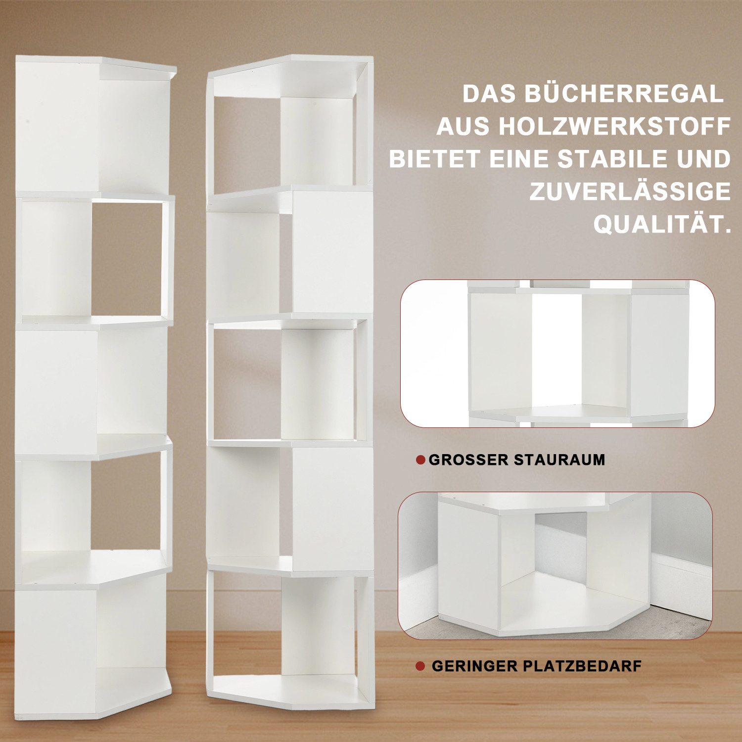 oyajia Bücherregal Bücherregal Eck 159cm für Wohnzimmer Home Office, 5-Stöckiges Weiß, Standregal, Büroregal, 5 Fächer, Holzwerkstoff, 40x40x159cm (BxTxH)