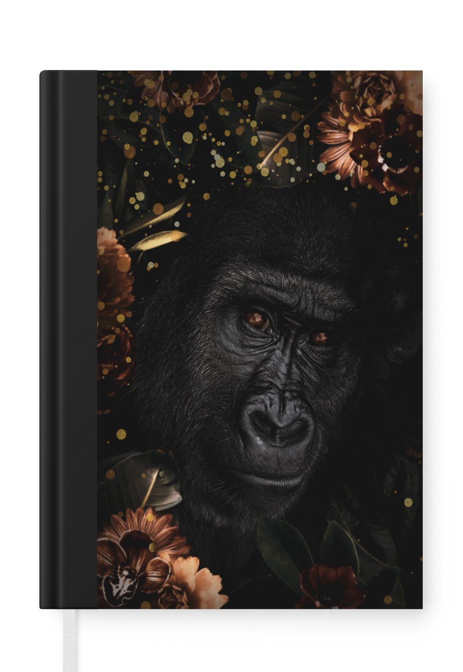 MuchoWow Notizbuch Gorilla - Blumen - Gold, Journal, Merkzettel, Tagebuch, Notizheft, A5, 98 Seiten, Haushaltsbuch