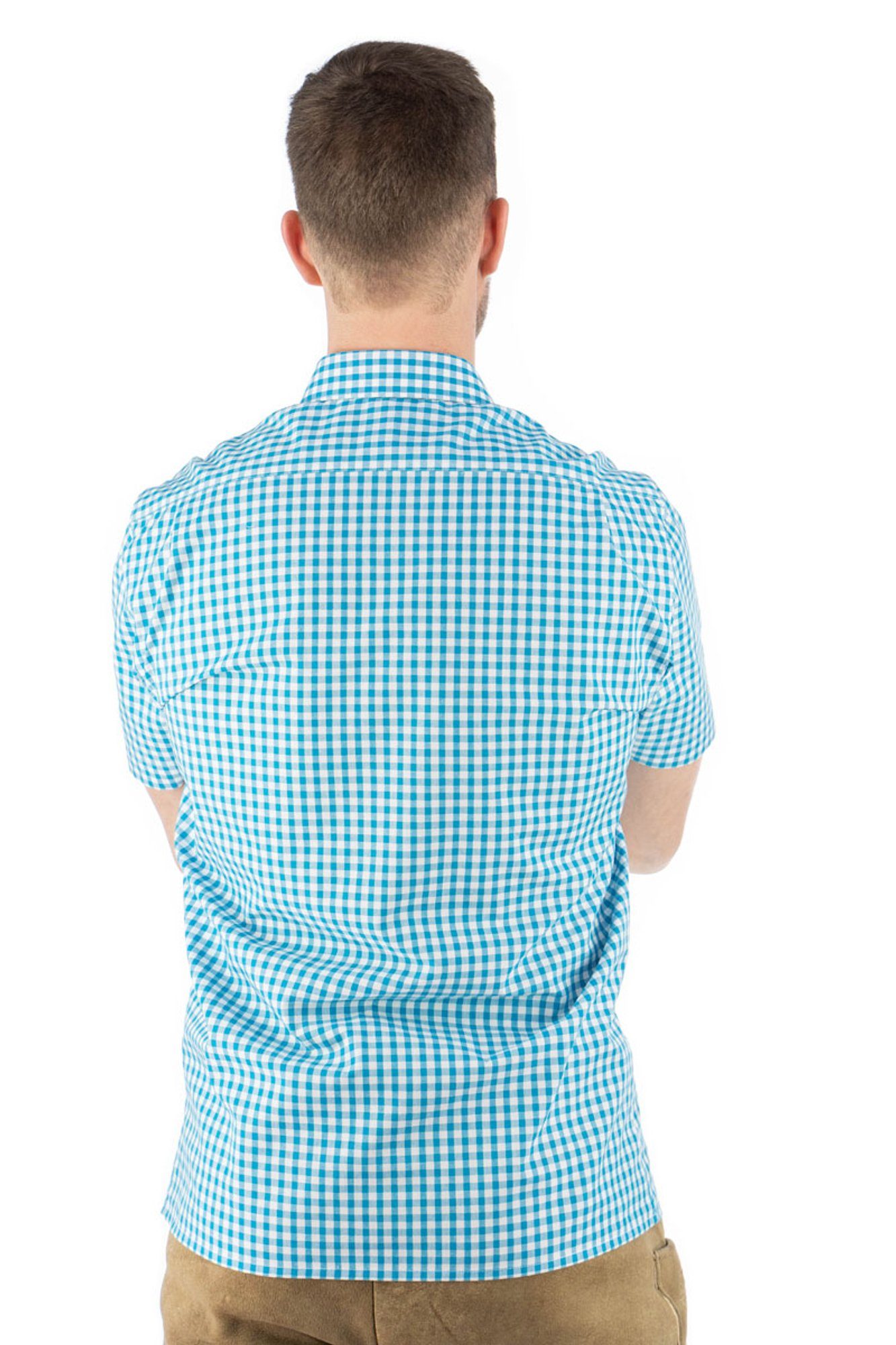 türkis Zihul mit OS-Trachten Brusttasche Kurzarmhemd aufgesetzter Trachtenhemd mit Hirsch-Stickerei