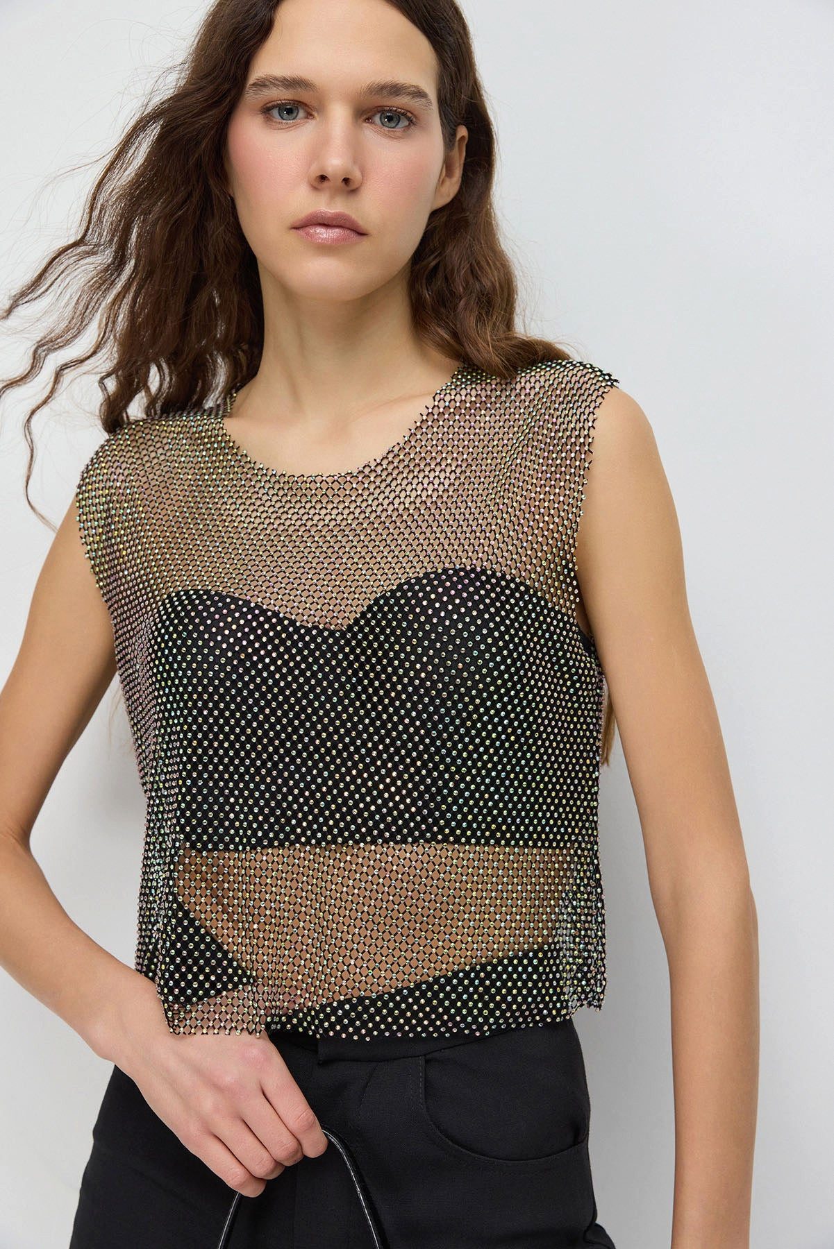 Crop-Top Glitzerndes Strass-Netz-Crop-Top