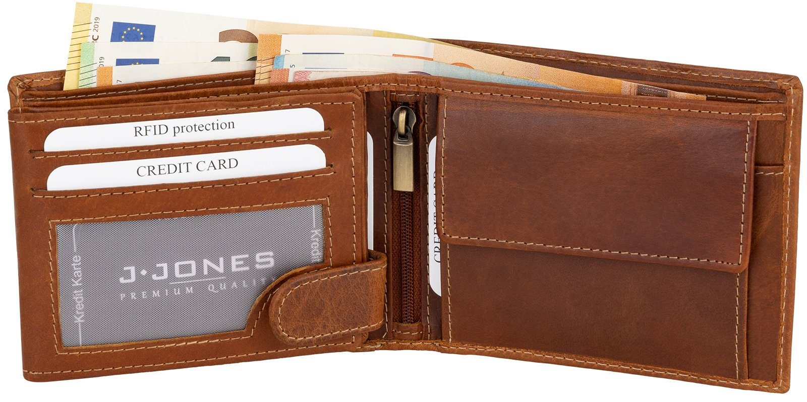 Portemonnaie Querformat, Jennifer Geldbörse RFID Jones RFID Herren Geldbörse echt Leder Schutz Geldbeutel
