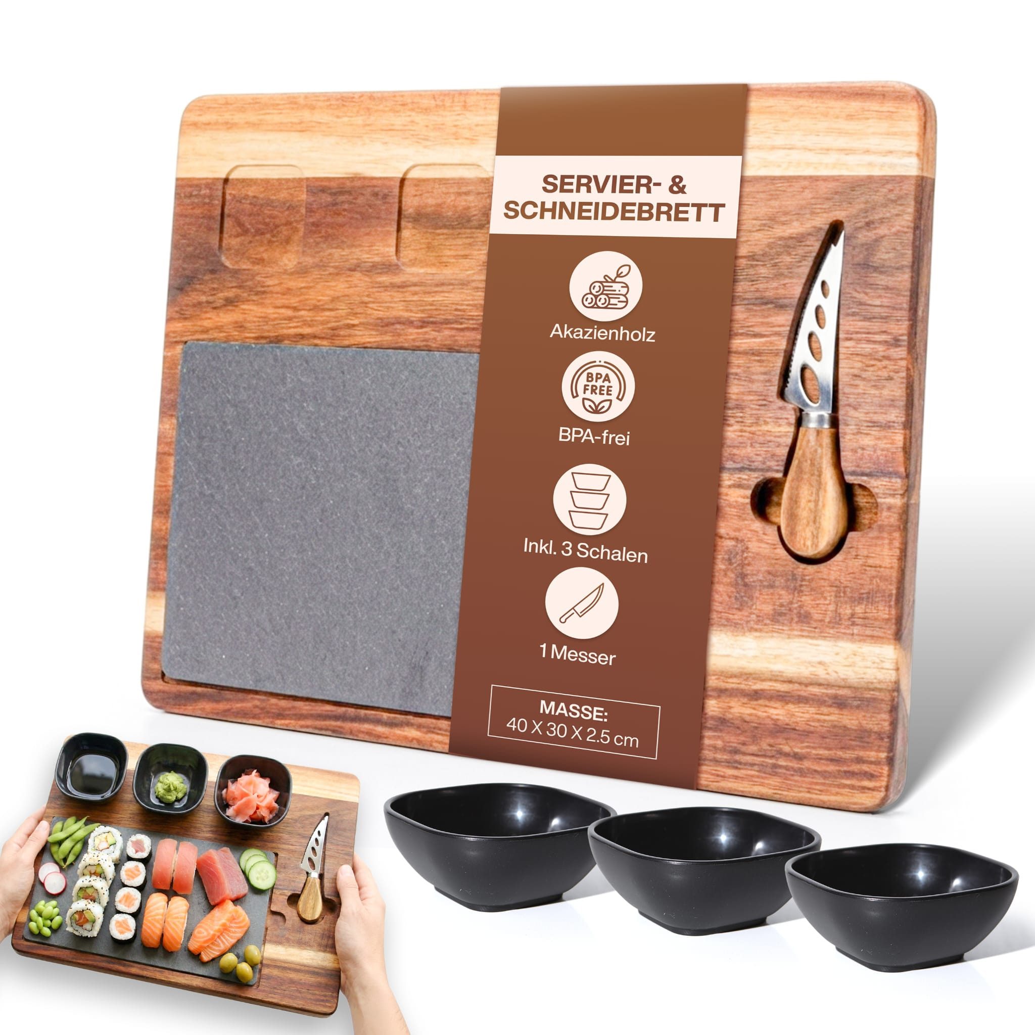 PEGSEN Servierbrett Snacktablett Holz mit Schieferplatte inkl. Käsemesser & drei Schalen, Akazie, (Set, 6-St., Servierplatte mit Käsemesser), Antipasti - Käseplatte, Tapas