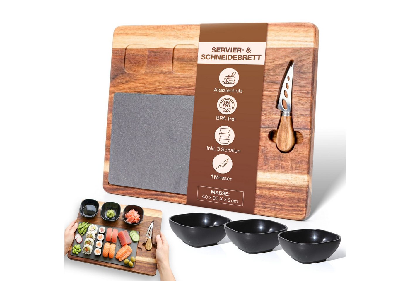 PEGSEN Servierbrett Snacktablett Holz mit Schieferplatte inkl. Käsemesser & drei Schalen, Akazie, (Set, 6-St., Servierplatte mit Käsemesser), Antipasti - Käseplatte, Tapas