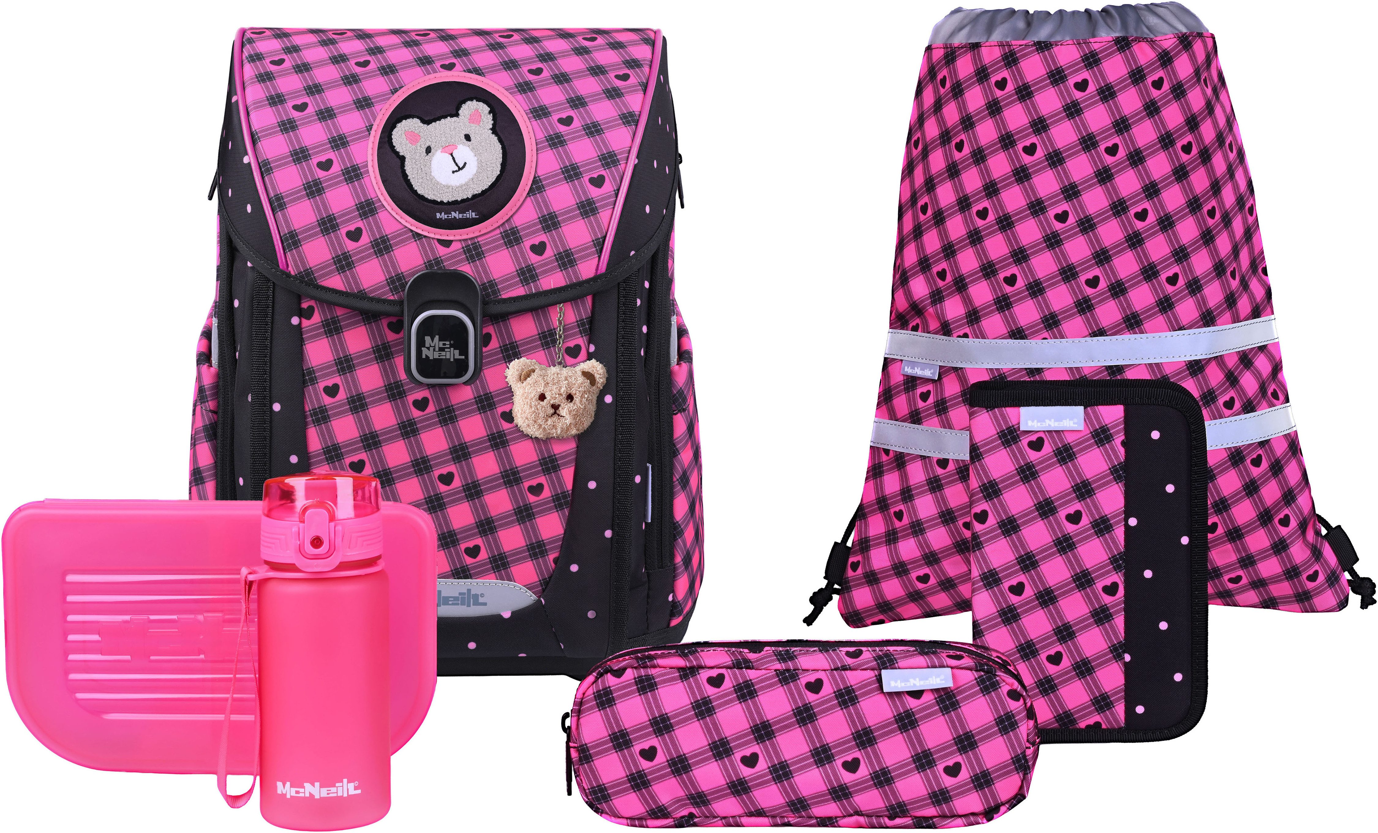 McNeill Schulranzen Primo, inkl. Etui, Turnbeutel, (Set, 9-tlg., Schlamperrolle, Trinkflasche, Lunchbox, 2 Magnete & 1 Anhänger)