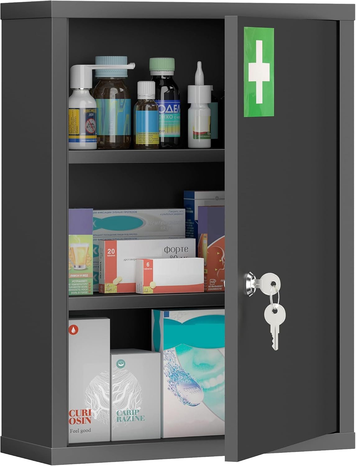 ibettertec Medizinschrank Apothekerschrank, Medikamentenschrank, Erste Hilfe Schrank (Spar-Set, 1-St., 1 x Erste-Hilfe-Kreuz Aufkleber, 1 x Bedienungsanleitung) abschließbar mit 2 Schlüsseln , rost- und feuchtigkeitsbeständig