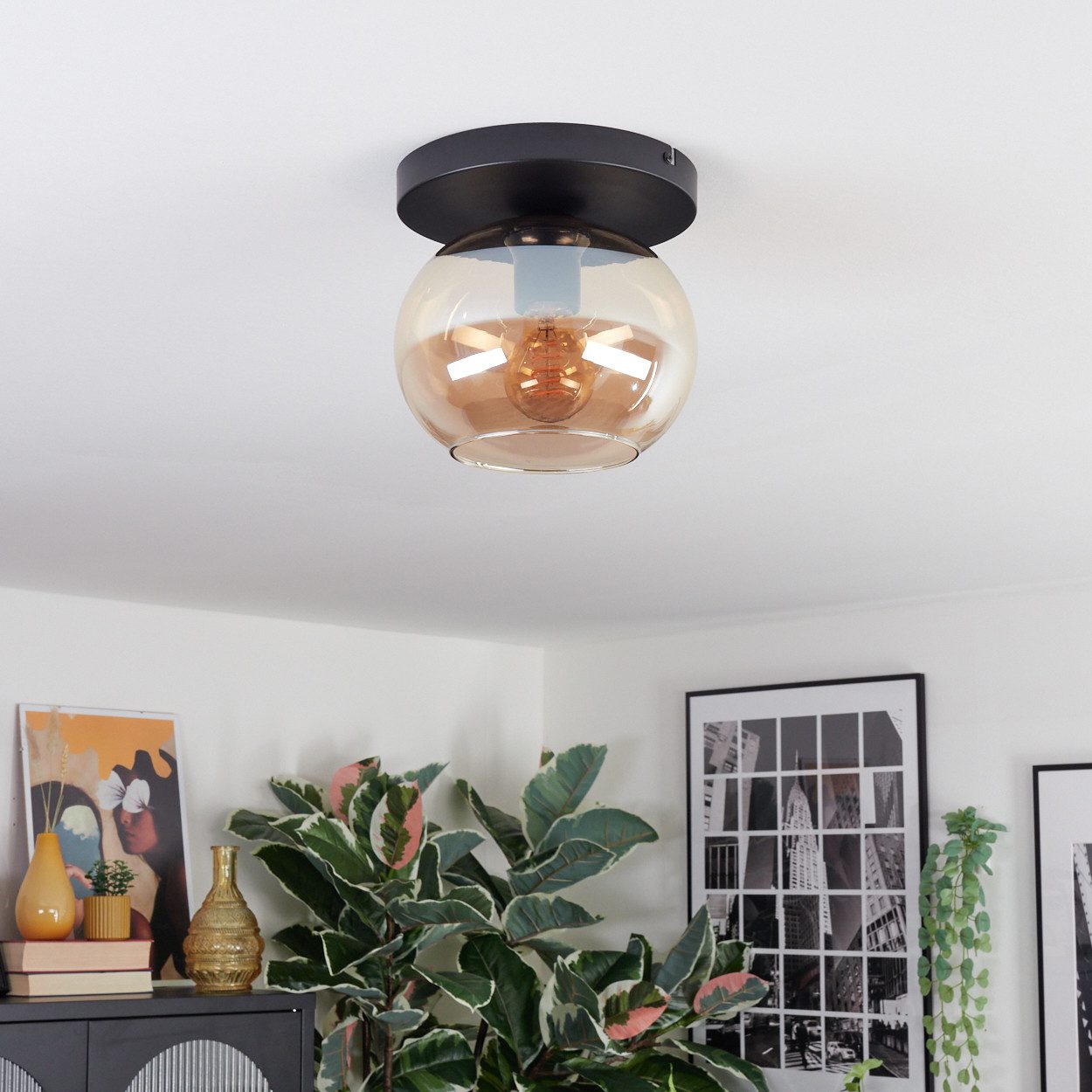 hofstein Deckenleuchte 1-flammige Deckenlampe aus Metall/Glas in Schwarz/Be günstig online kaufen