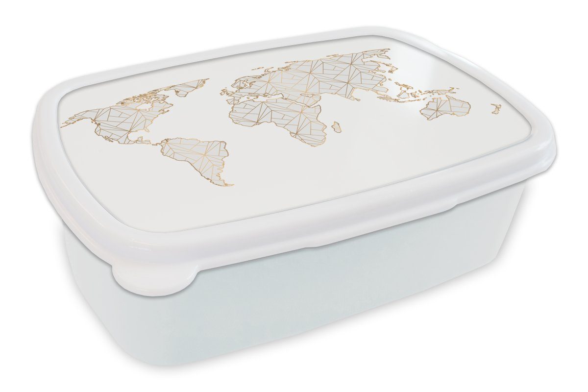 MuchoWow Lunchbox Weltkarte - Gold - Grau - Kinder - Jungen - Mädchen, Kunststoff, (2-tlg), Brotbox für Kinder und Erwachsene, Brotdose, für Jungs und Mädchen weiß