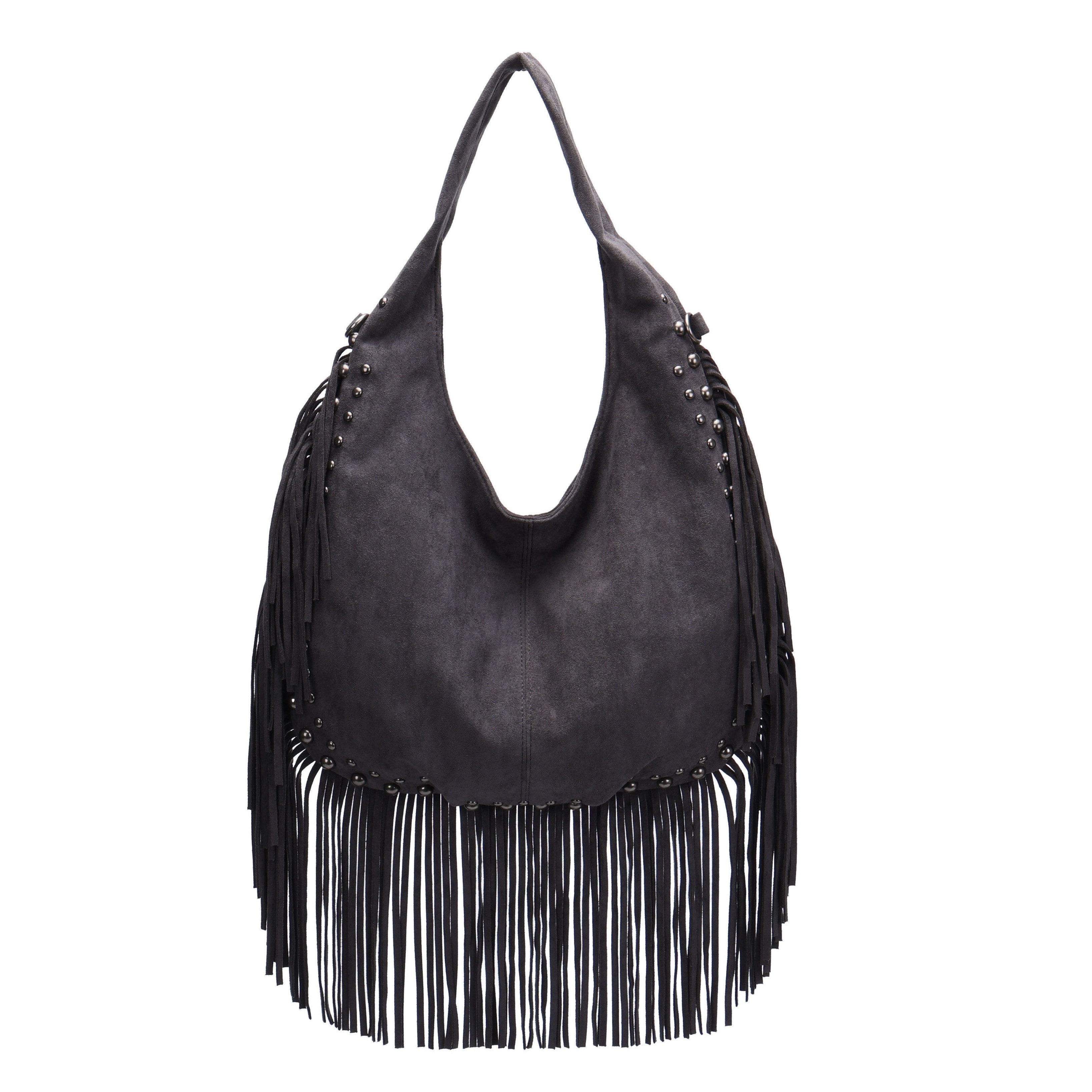 MIRROSI Shopper Damen Fransen Schultertasche Wildleder-Optik aus Polyester (Neue Kollektion Herbst/Winter 2026, ca. 41 x 5 x 37 cm), Boho Tasche mit Fransen, Nieten & langem Riemen