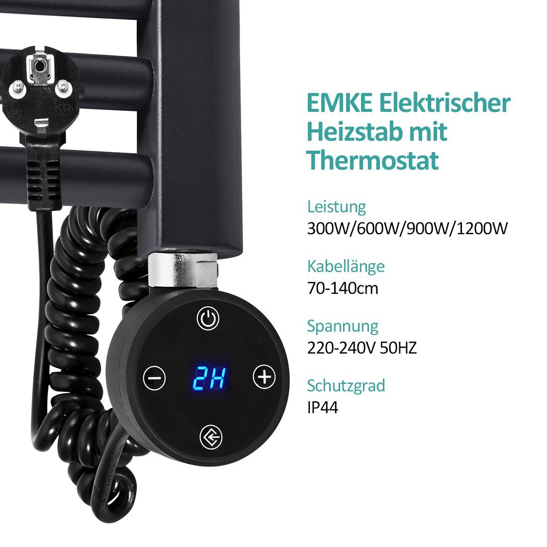 EMKE Heizstab EMKE Heizstab Badheizkörper mit Heizpatrone Thermostat für Schwarz