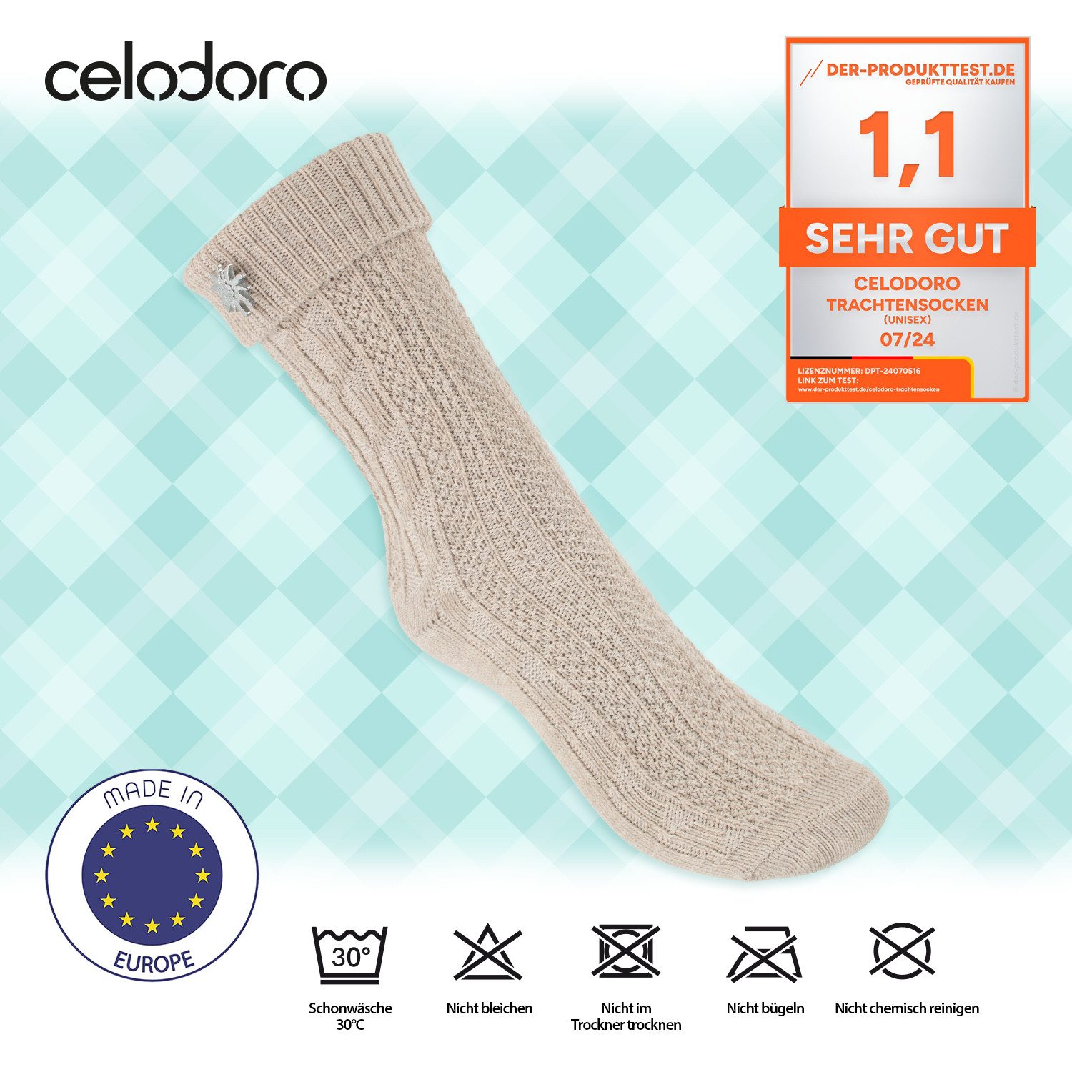 celodoro Trachtensocken Trachten Socken (2 Paar) mit Edelweiß-Pin für Damen & Herren