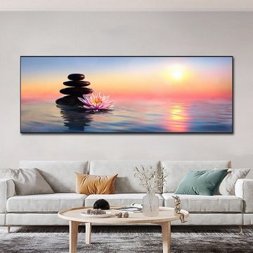 TPFLiving Kunstdruck (OHNE RAHMEN) Poster - Leinwand - Wandbild, Landschafts-Spa-Zen-Steine ​​und Wasser-Lotus-Bambus-Leinwandgemälde (Leinwandbild XXL), Farben: Grün, Gelb, Braun, Weiß, Schwarz - Größe: 20x60cm