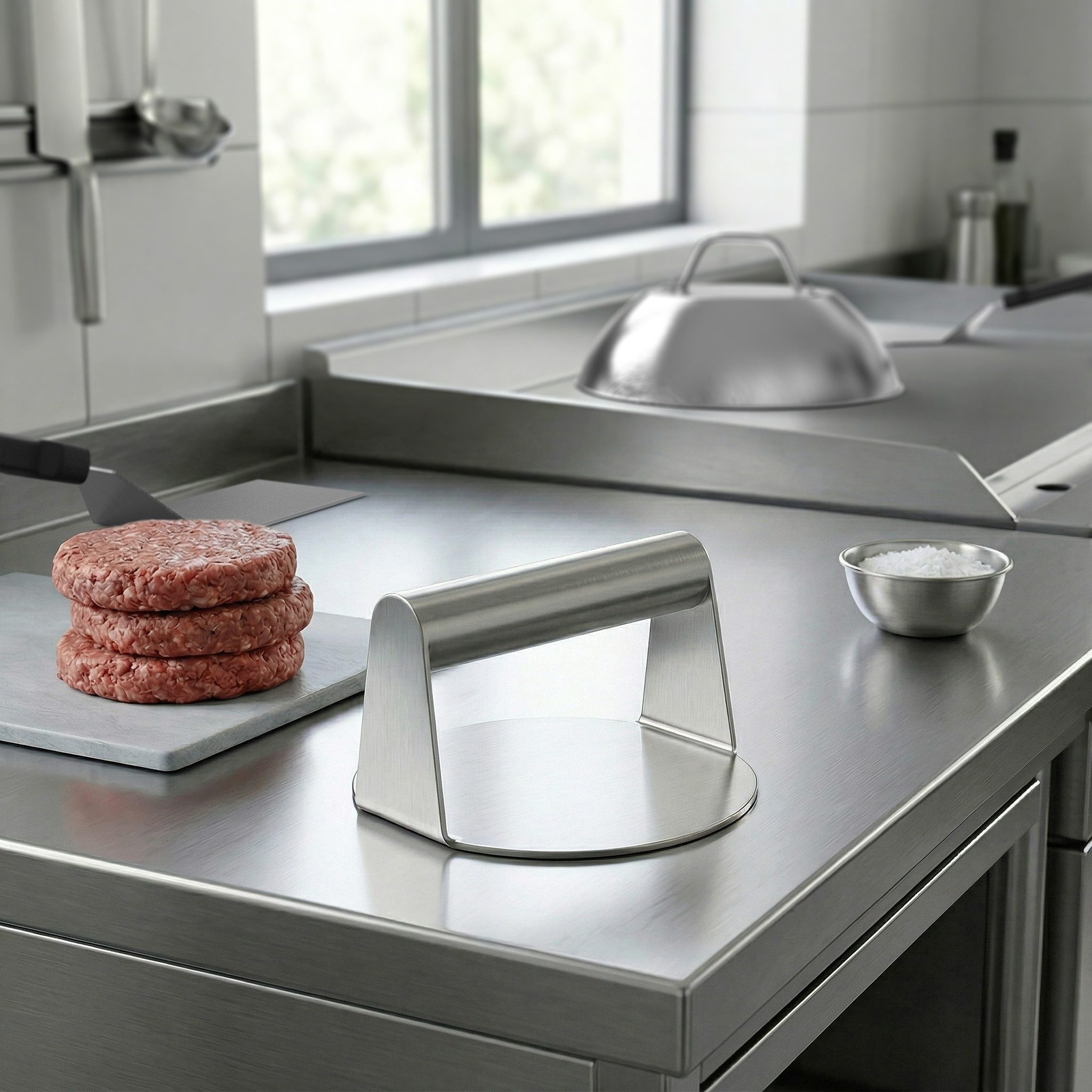 Arendo Burgerpresse Smash Burger Set XXL, Edelstahl Smasher, Burgerpresse für Smashburger (5 St), Edelstahl, leicht zu reinigen, hitzebeständig, geschmacksneutral lebensmittelecht