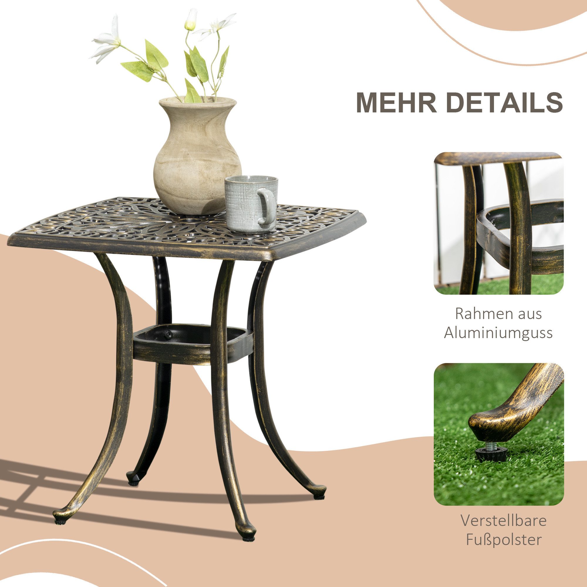 CHICFURN Gartentisch Beistelltisch mit Schirmloch, Aluminiumrahmen in Bronze (Packung, 1-St., Terrassentisch für Balkon, Terrasse und Außenbereich), 54 x 54 x 52,5 cm, stabile Ausführung