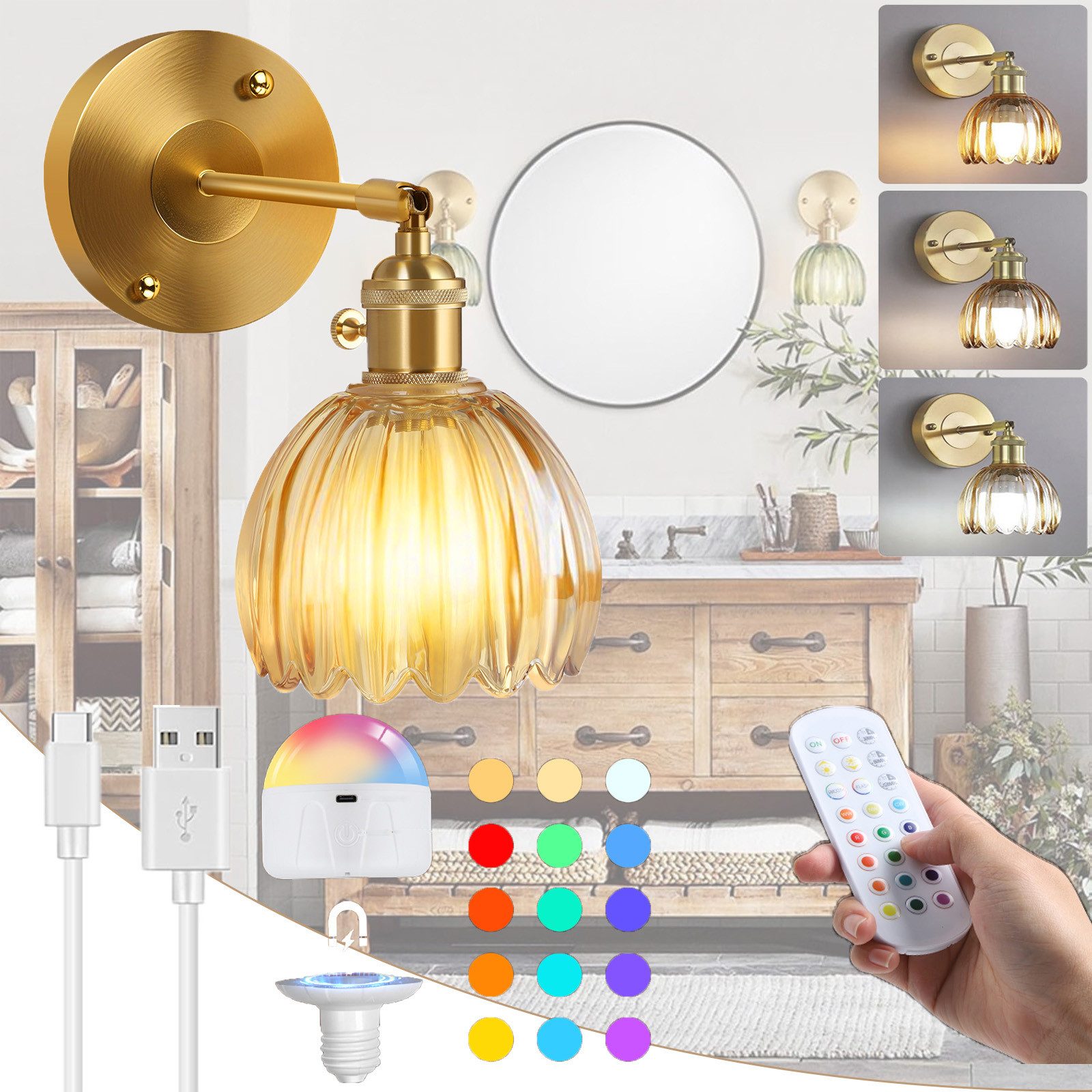 Jibenhome LED Wandleuchte Vintage-Wandleuchten, Tulpenglas-Lampenschirm, Ka günstig online kaufen
