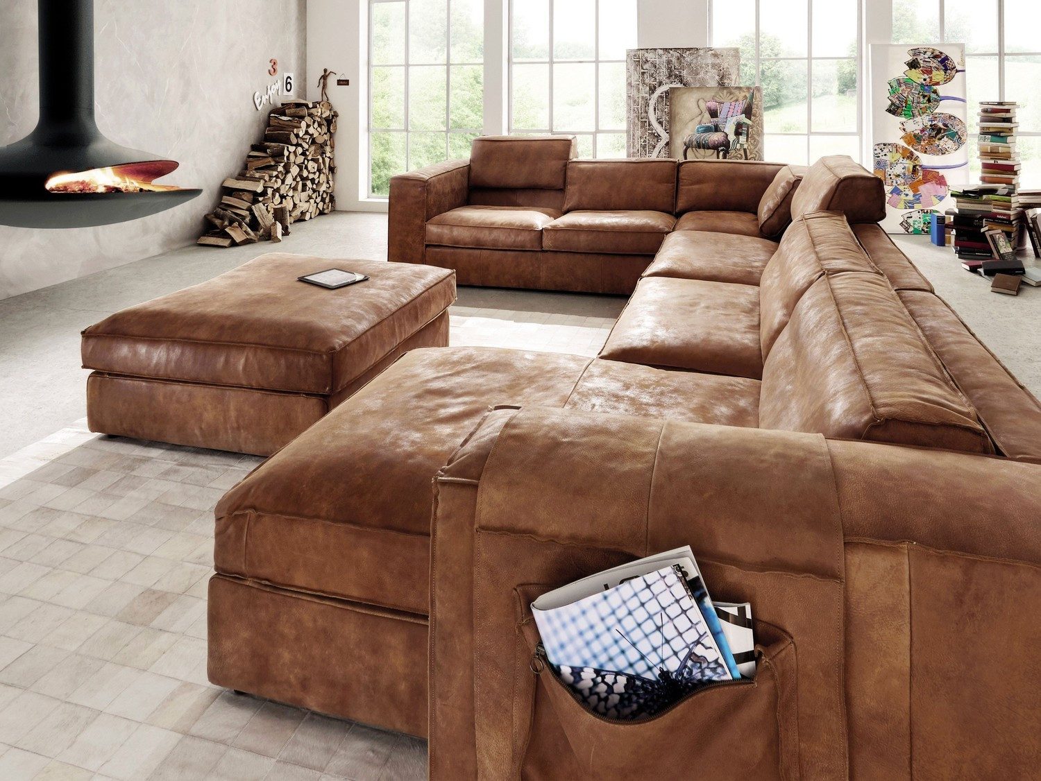 Natur24 Sofa Vinchi Sofa Eckgarnitur Leder Cognac 440x70/84x350