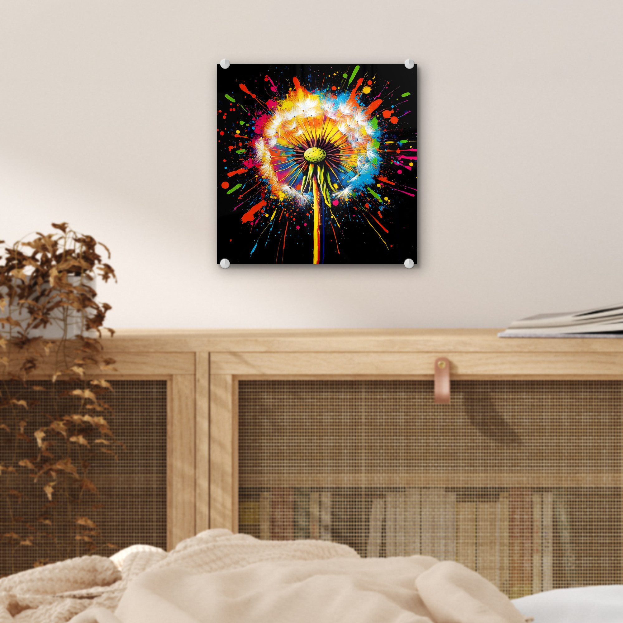 MuchoWow Acrylglasbild Löwenzahn - Graffiti - Farbenfroh - Blumen - Natur, Inkl. Aufhängung, Bilder auf Glas Wandbild, Wanddeko Wohnzimmer Badezimmer, 20x20 cm – Bild 5 von 5