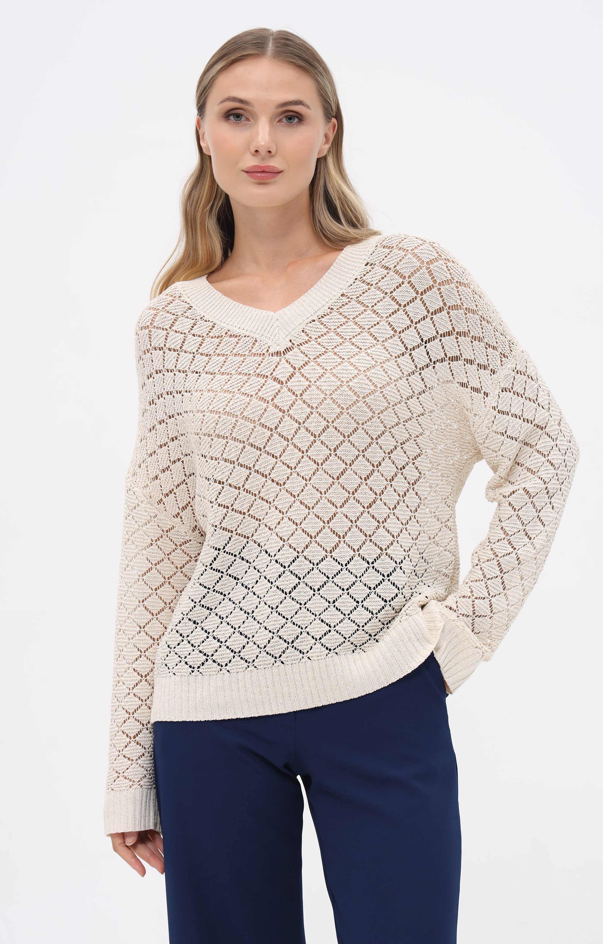 Passioni Strickpullover mit offenem Rautenstrickmuster