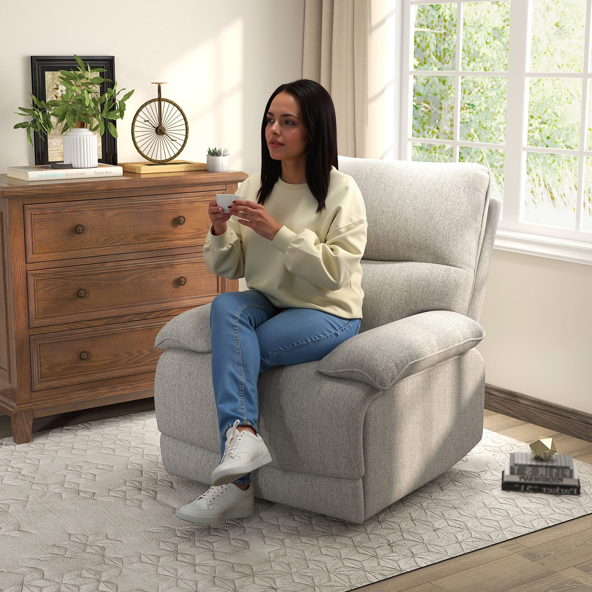 HOMCOM Relaxsessel Liegefunktion, Leinenoptik, Drehbar TV-Sessel (Fernsehsessel, 1-St., Liegesessel), für Wohnzimmer, Hellgrau