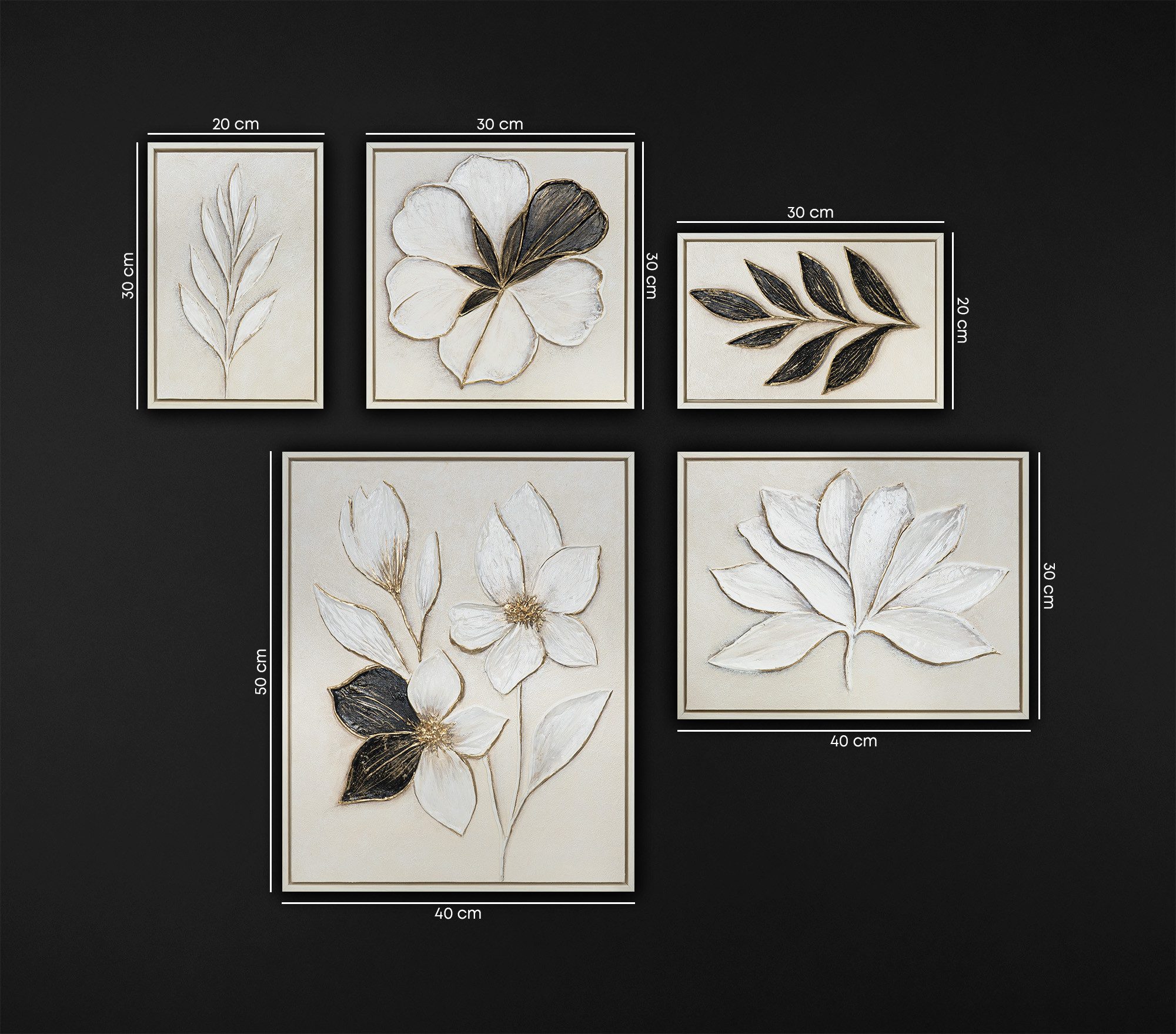 YS-Art Gemälde "Zarte Kontraste", Blumen (Set, 5 St), Wandbilder Set Modern Schwarz Weiß – Bilder Set mit Rahmen