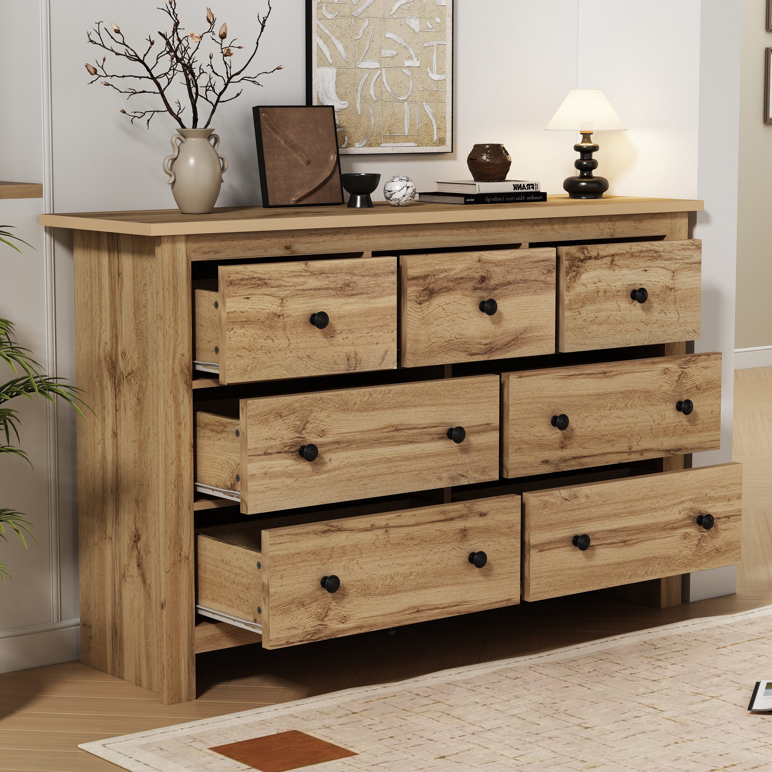 Odikalo Kommode Sideboard Schrank Buffet Schubladen Kaffeebar Weiß/Natur (Moderne minimalistische große Kapazität Esszimmer Schrank mit mehreren Schubladen Buffet, weiß Kaffee Bar Schrank mit 7 Schubladen für Eingang, Küche, Esszimmer und Wohnzimmer)
