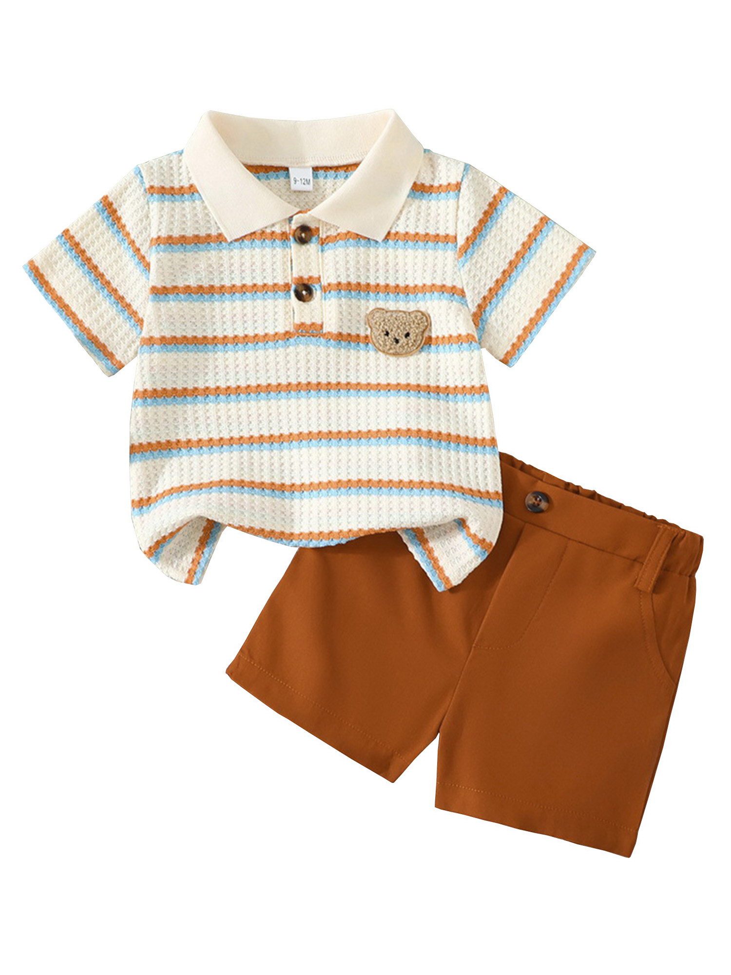 Gluckids Shirt & Shorts Baby Jungen Sommer Set, Waffel-Poloshirt mit Streifen & Bär + Shorts (Set, 2-tlg) Lässige Sommeroutfits für Geburtstagsfeiern, Fotoshootings und Urlaub