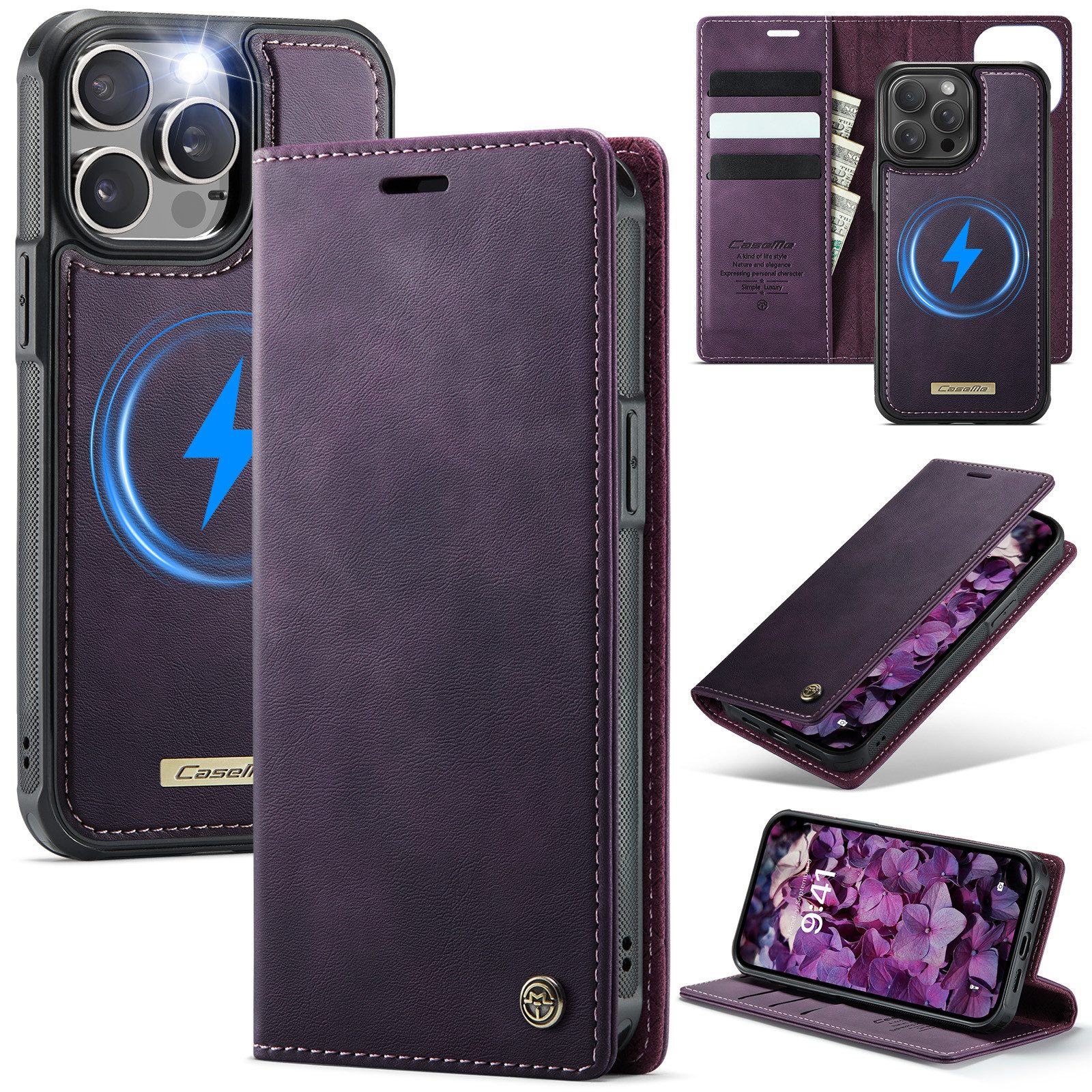 Mycotech Handyhülle Premium 2in1 Klapphülle mit abnehmbarem Magnet Case MagSafe Für iPhone 15 Pro Max, Lila