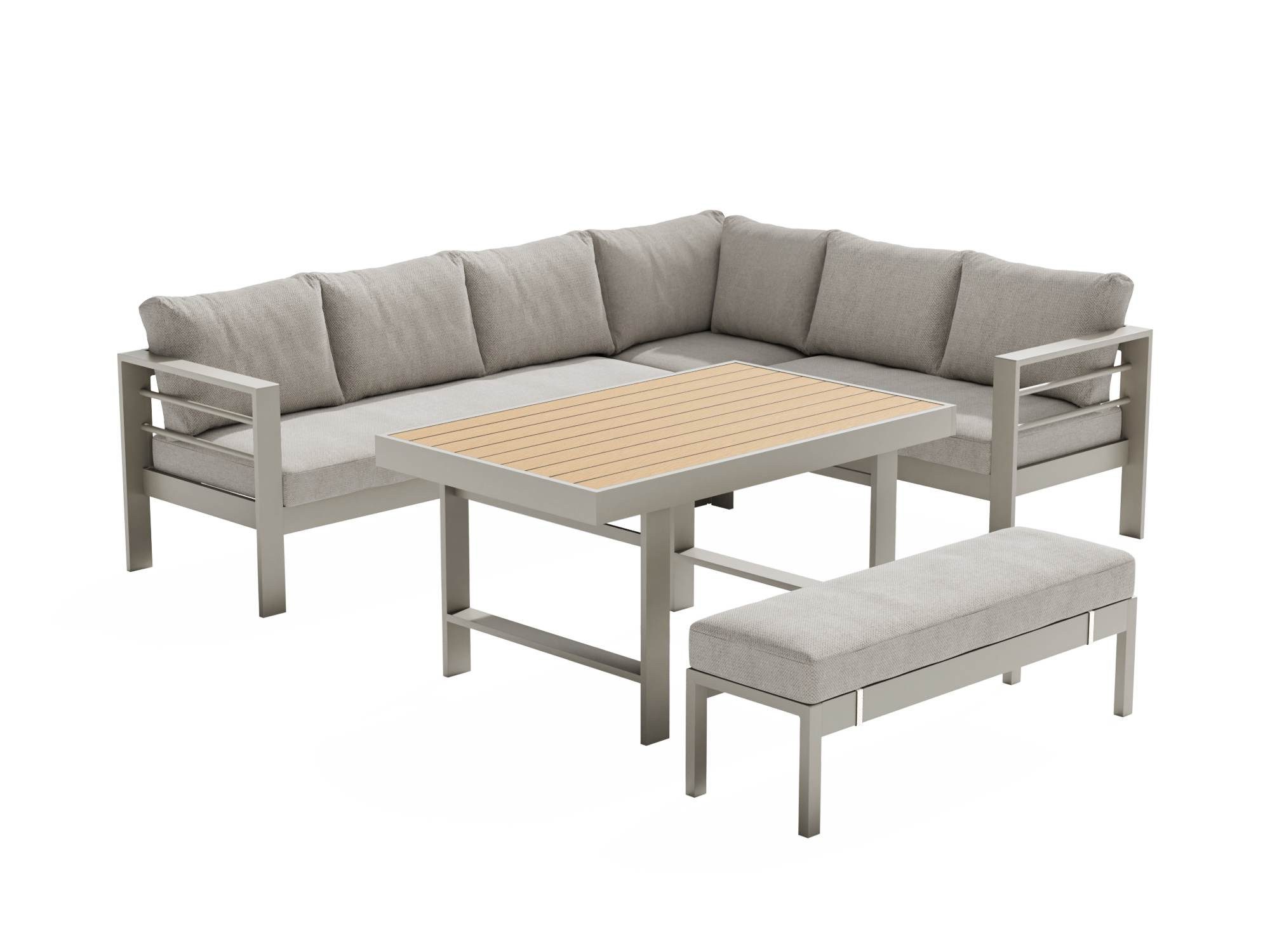 MeXo Gartenlounge-Set XXL Gartenmöbel Set Aluminium für 6-8 Personen, (Dining Loungeset Outdoor, 5-tlg., mit 12 cm dicken Sitzkissen, pflegeleichte Polywood-Tischplatte), wetterfeste Ecklounge mit Esstisch