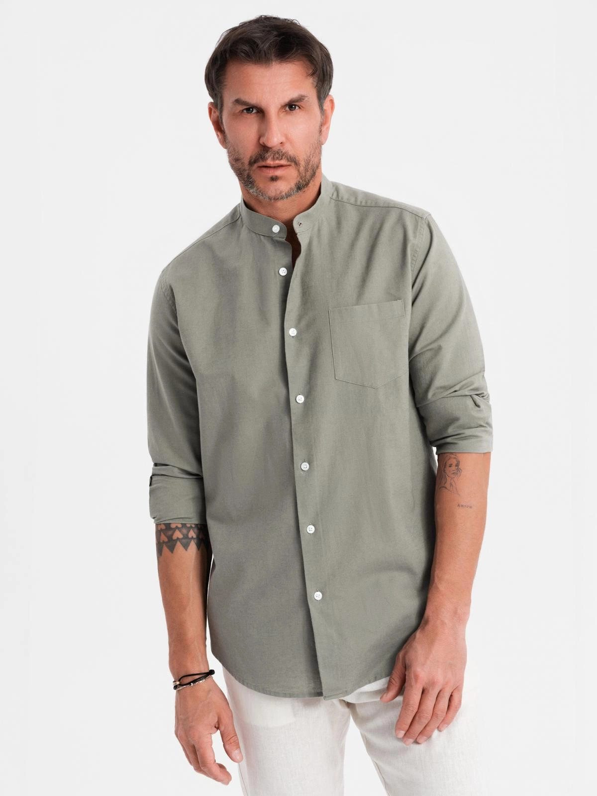 OMBRE Langarmhemd Herren Leinenhemd mit Stehkragen und Tasche REGULAR FIT günstig online kaufen